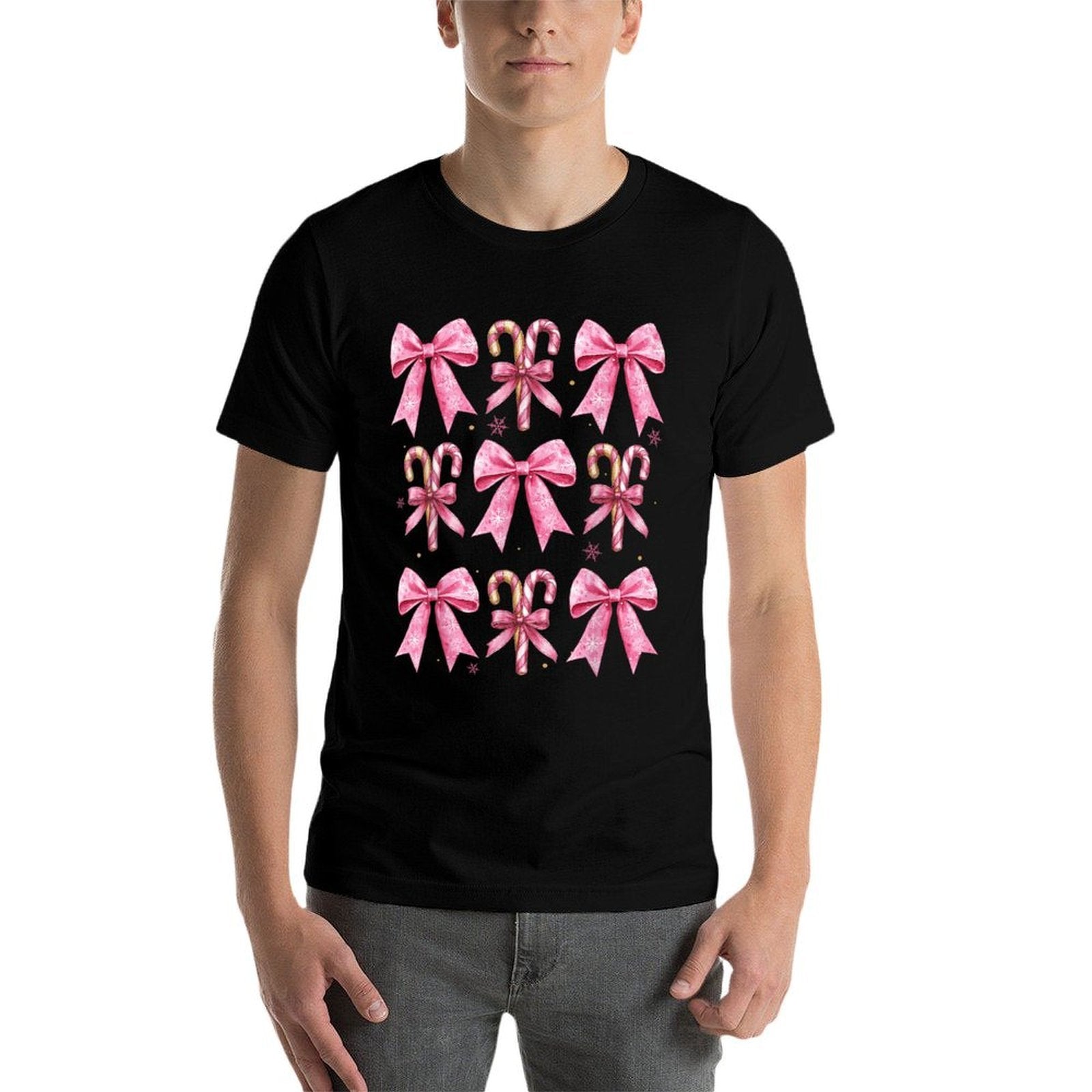 Cute Coquette Bow Candy Canes Christmas Pink Bow Girlsns  Tagless Design T-Shirt
