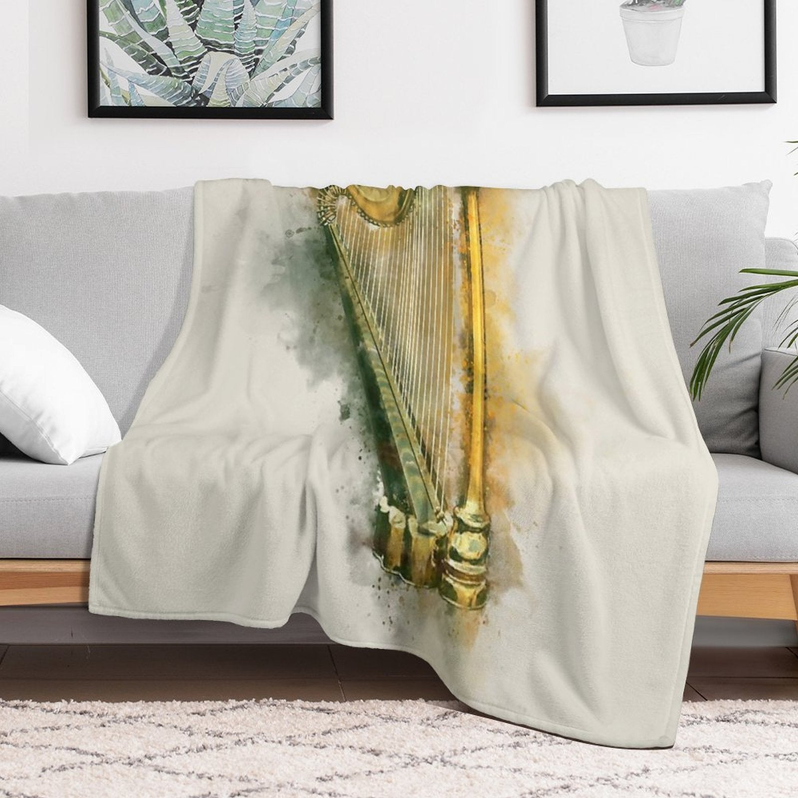Classical Harp in Golden Watercolor Wrinkle-free Throw Blanket