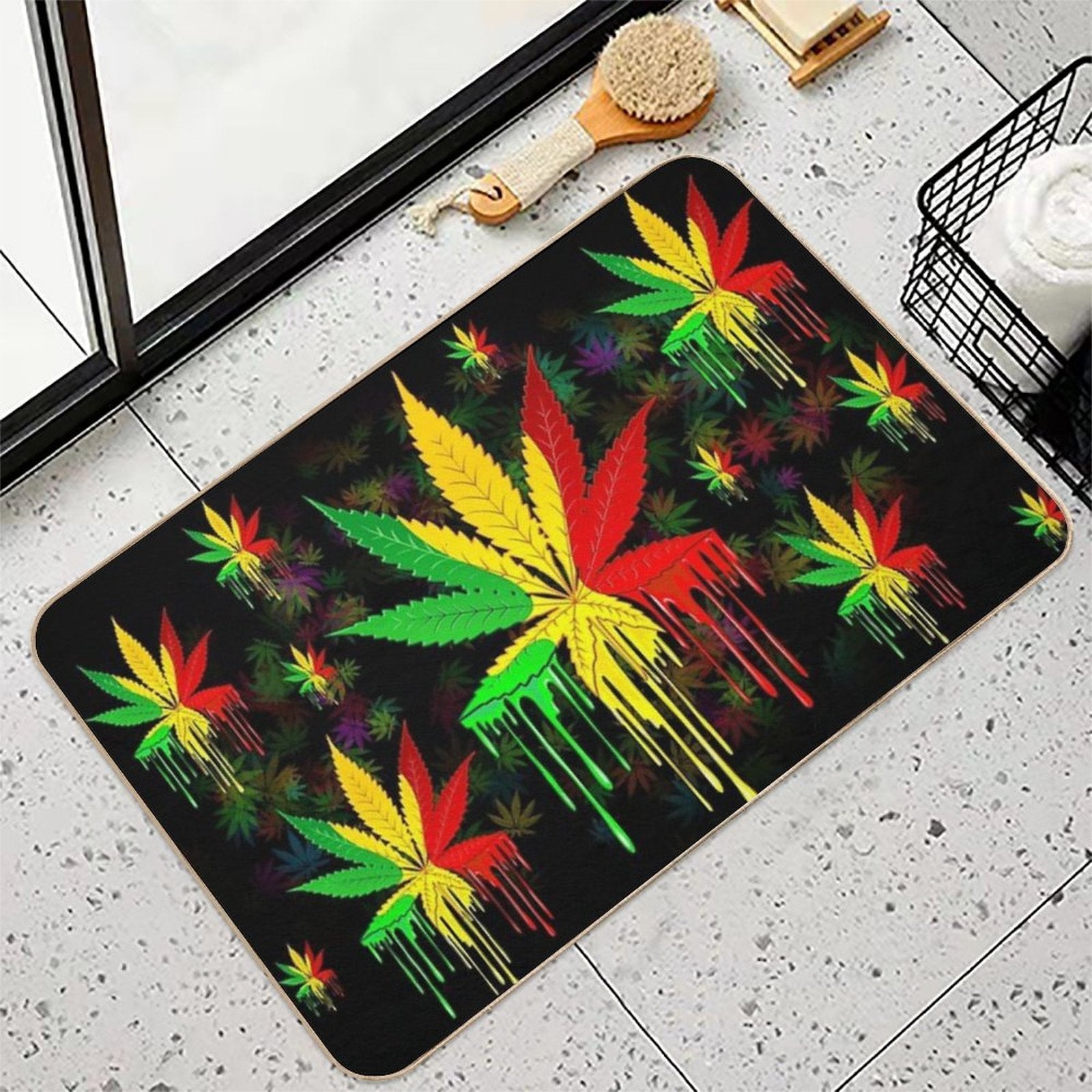 Leaf Rasta Colors Dripping Paint  Long-Lasting Bath Mat