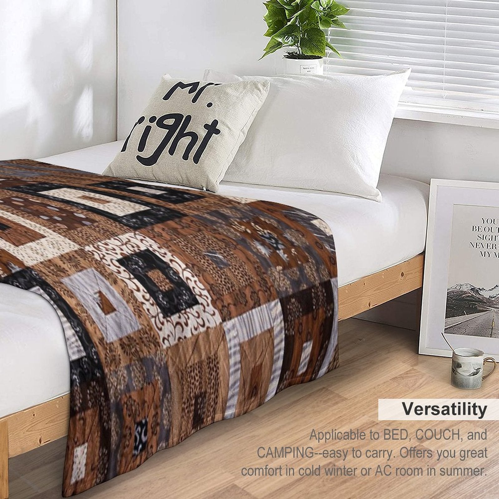 Classic Retro Brown Quilted Patchwork Quilting Pattern Mosaic Motif Compact Throw Blanket