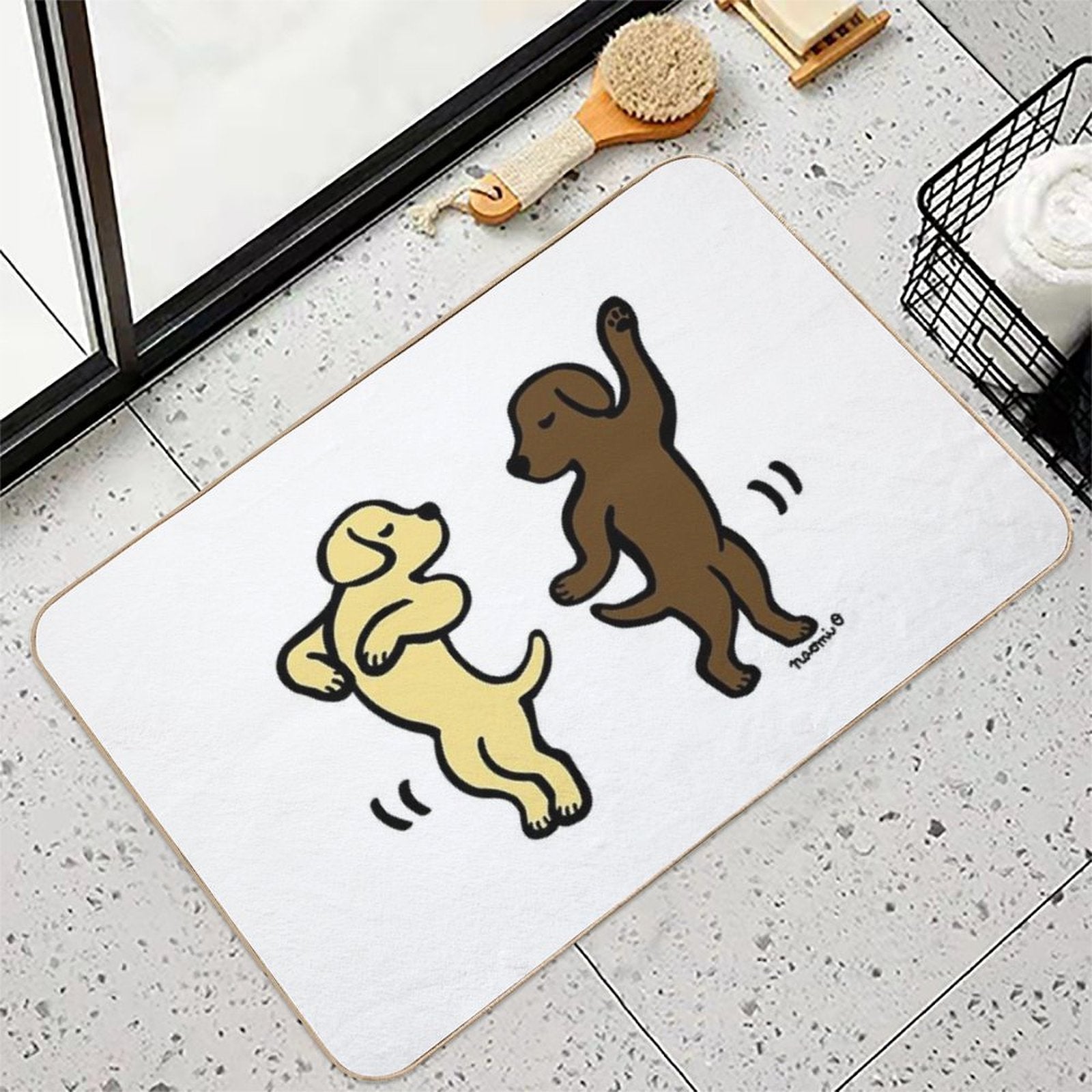Dancing Yellow And Chocolate Labradors  Dirt-Trapping Bath Mat
