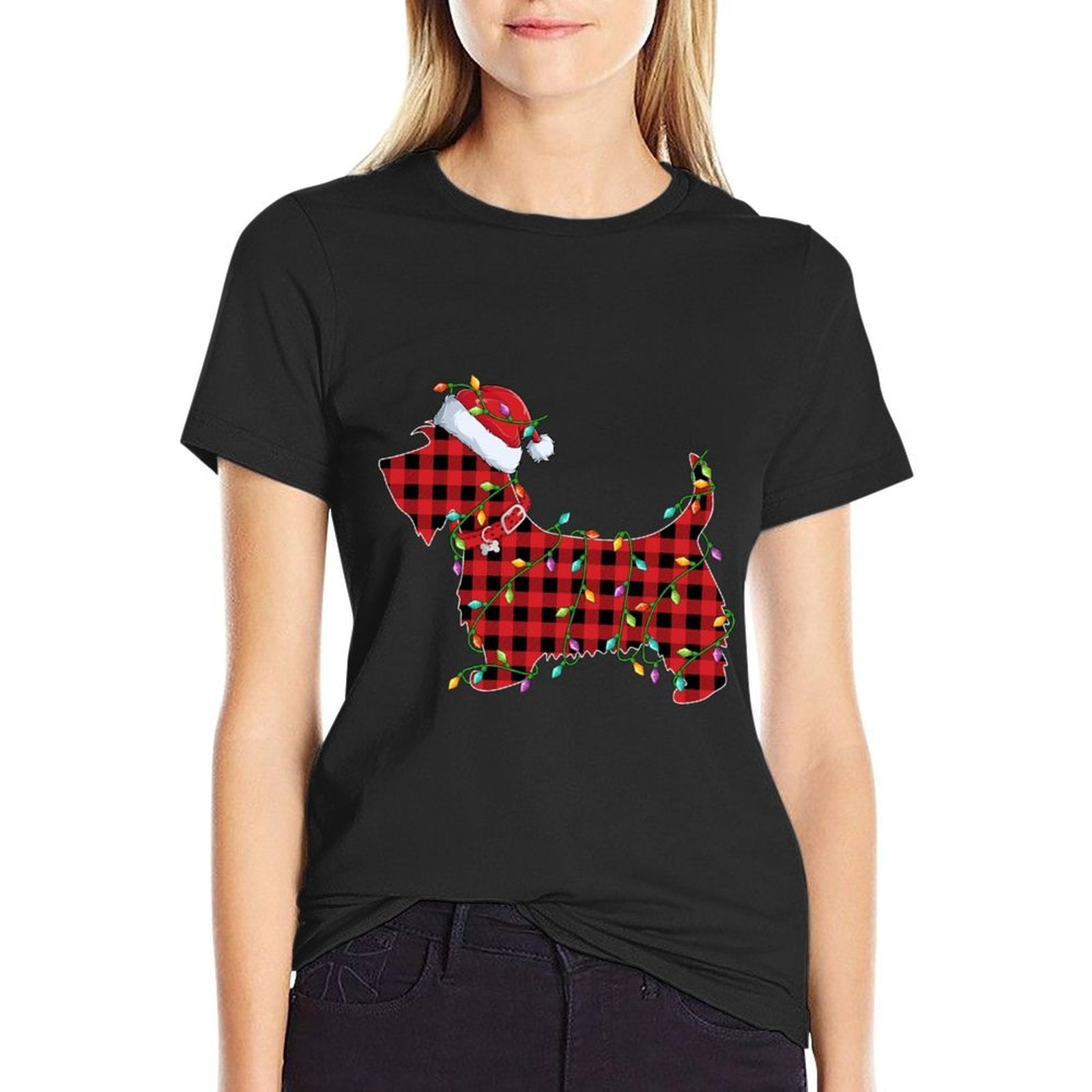 Xmas Lighting Matching Buffalo Plaid Scottie Dog Christmas  Graphic-printed T-Shirt