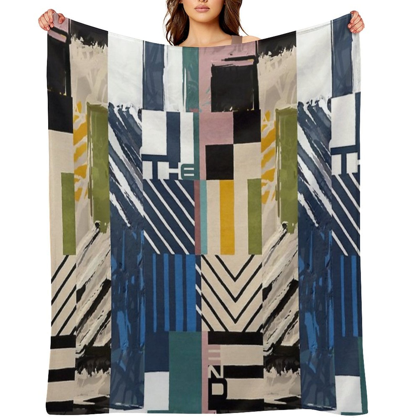 The End Cubic Abstract - Geometric Design  - Half And Half Pink Orange Black Green Cream Blue, Teal, White Lilac Travel-friendly Throw Blanket