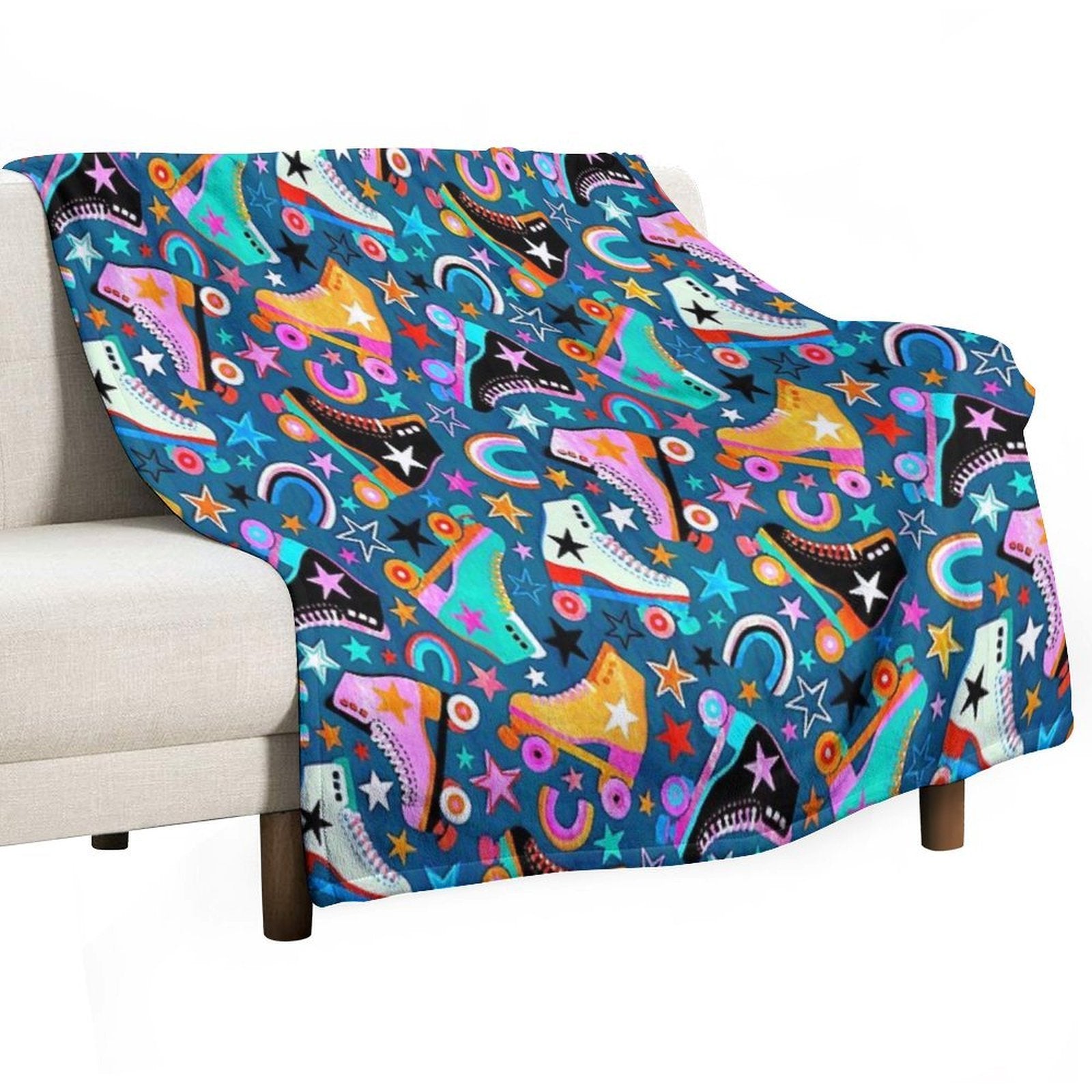 Retro Rainbow Roller Skates And Stars Durable Throw Blanket