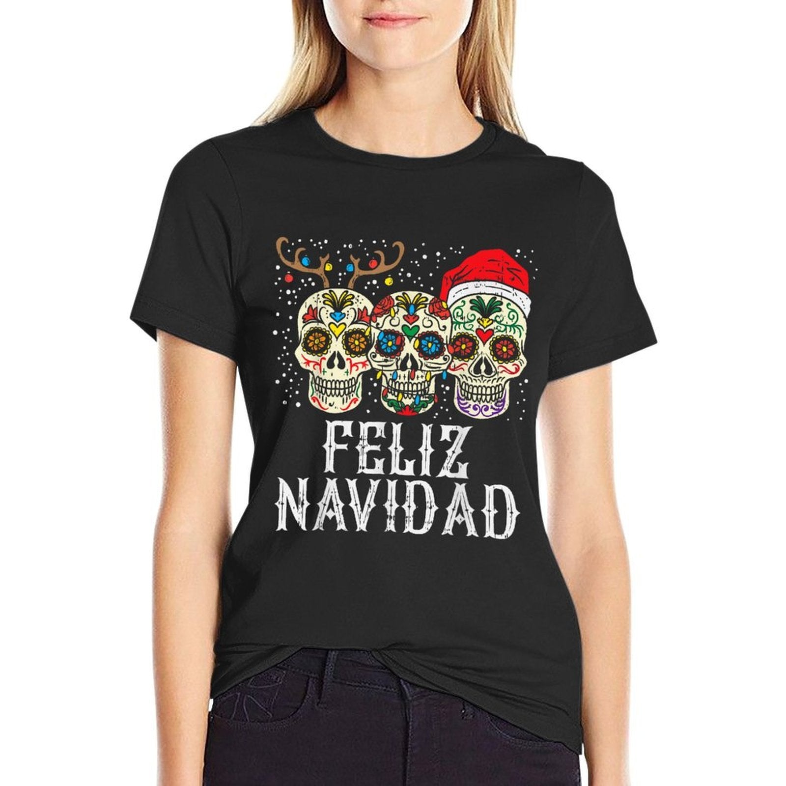 Feliz Navidad Sugar Skulls Reindeer Santa Mexican Christmas  Easy-care T-Shirt