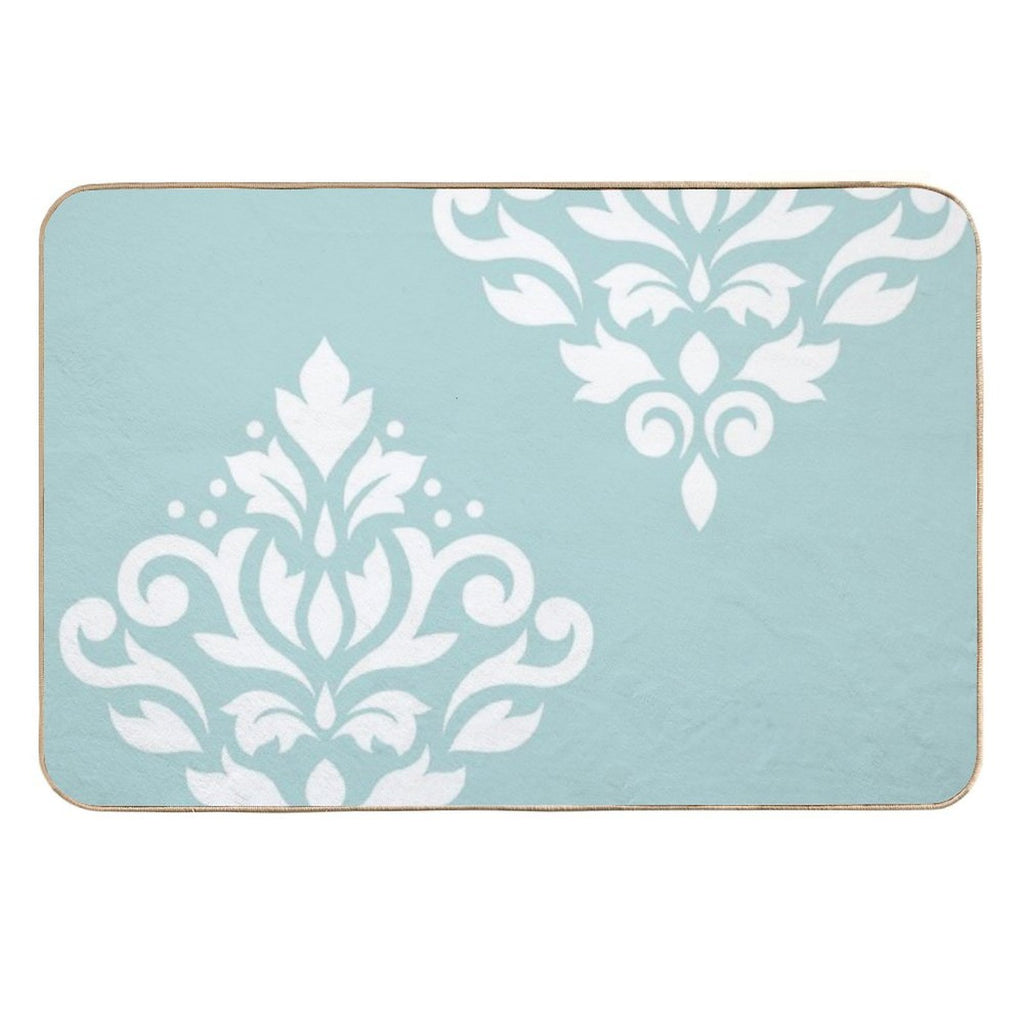 Scroll Damask Art I White on Duck Egg Blue  Fade-Resistant Bath Mat