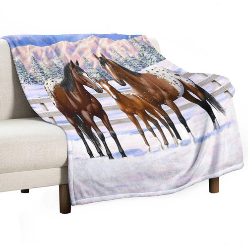 Bay Appaloosa Quarter Horses In Winter Snow Wrinkle-free Throw Blanket