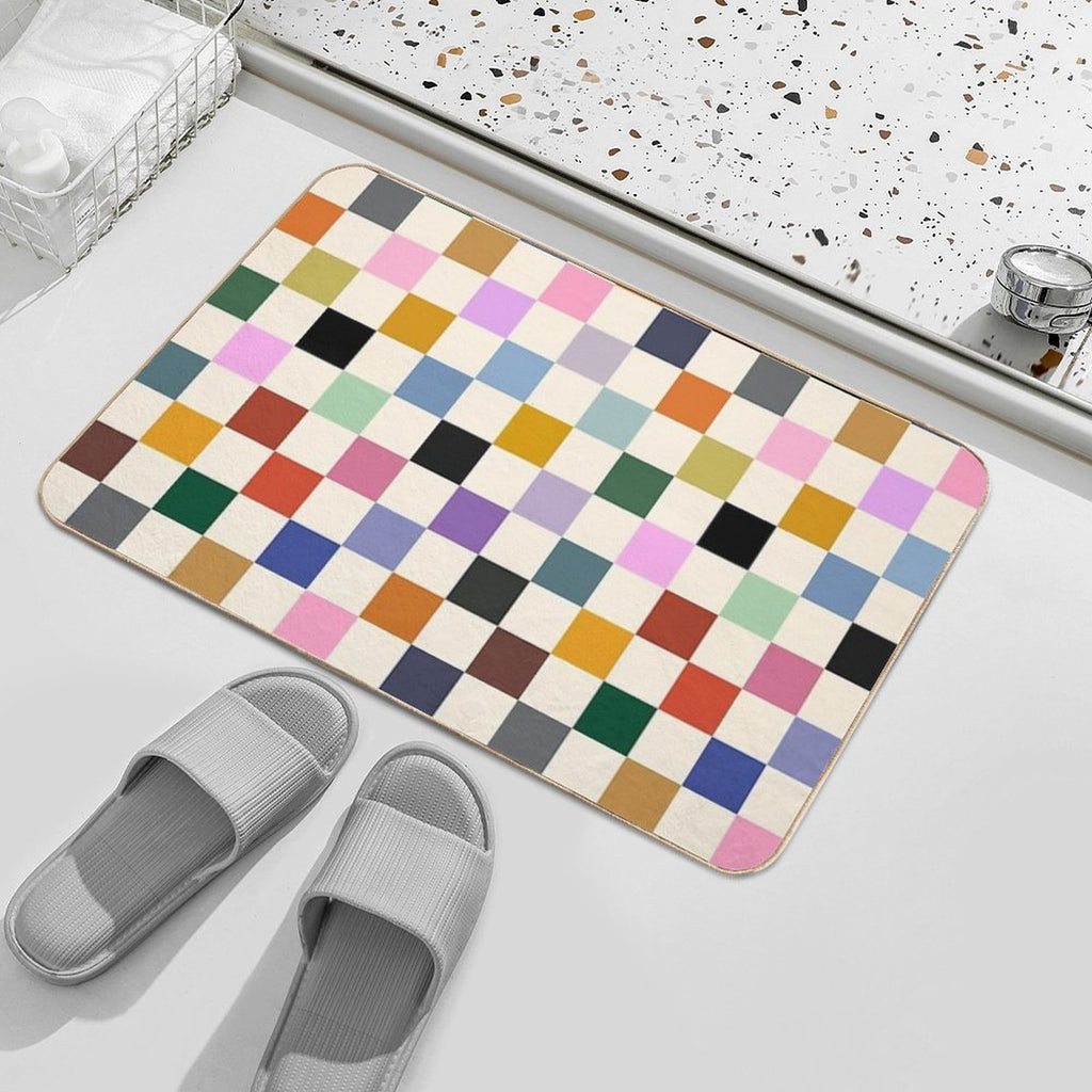 Multi Colour on Cream Checkerboard Grid  Anti-Trip Bath Mat