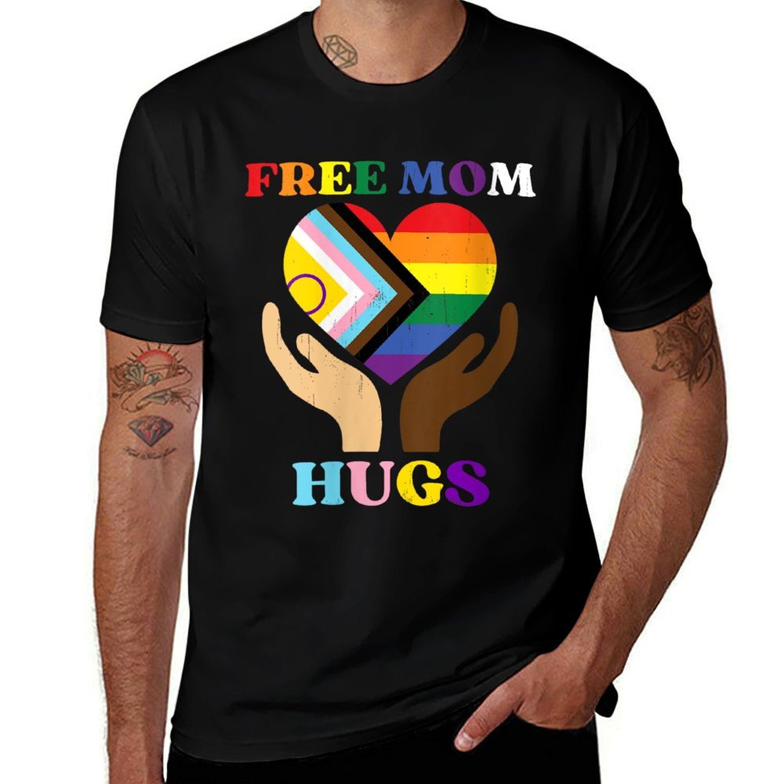 Womens Vintage Retro Free Mom Hugs Supports LGBTQ+ Gay Pride Month  Soft T-Shirt