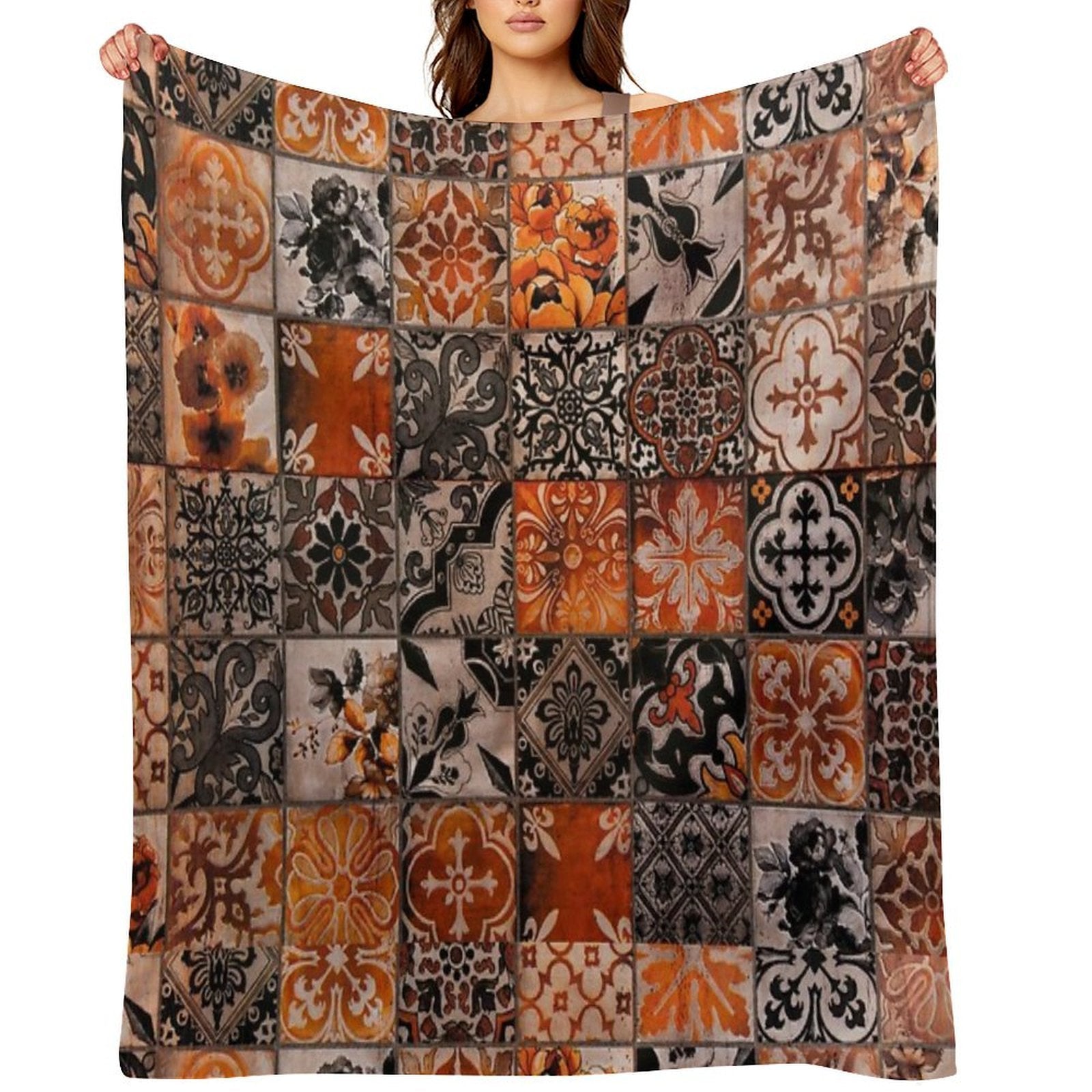 Orange Tiles Plush Throw Blanket