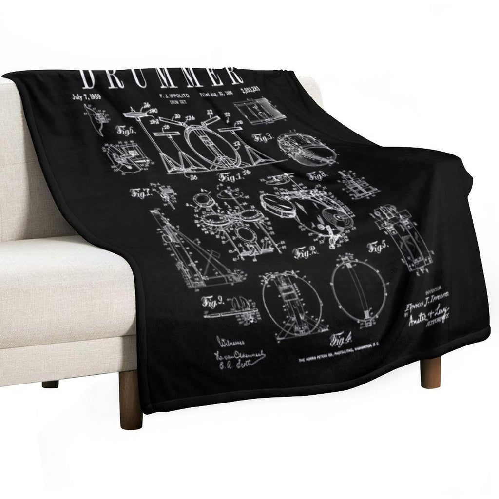 Drum Set Kit Vintage Patent Drummer Drawing Print Easy Care Throw Blanket