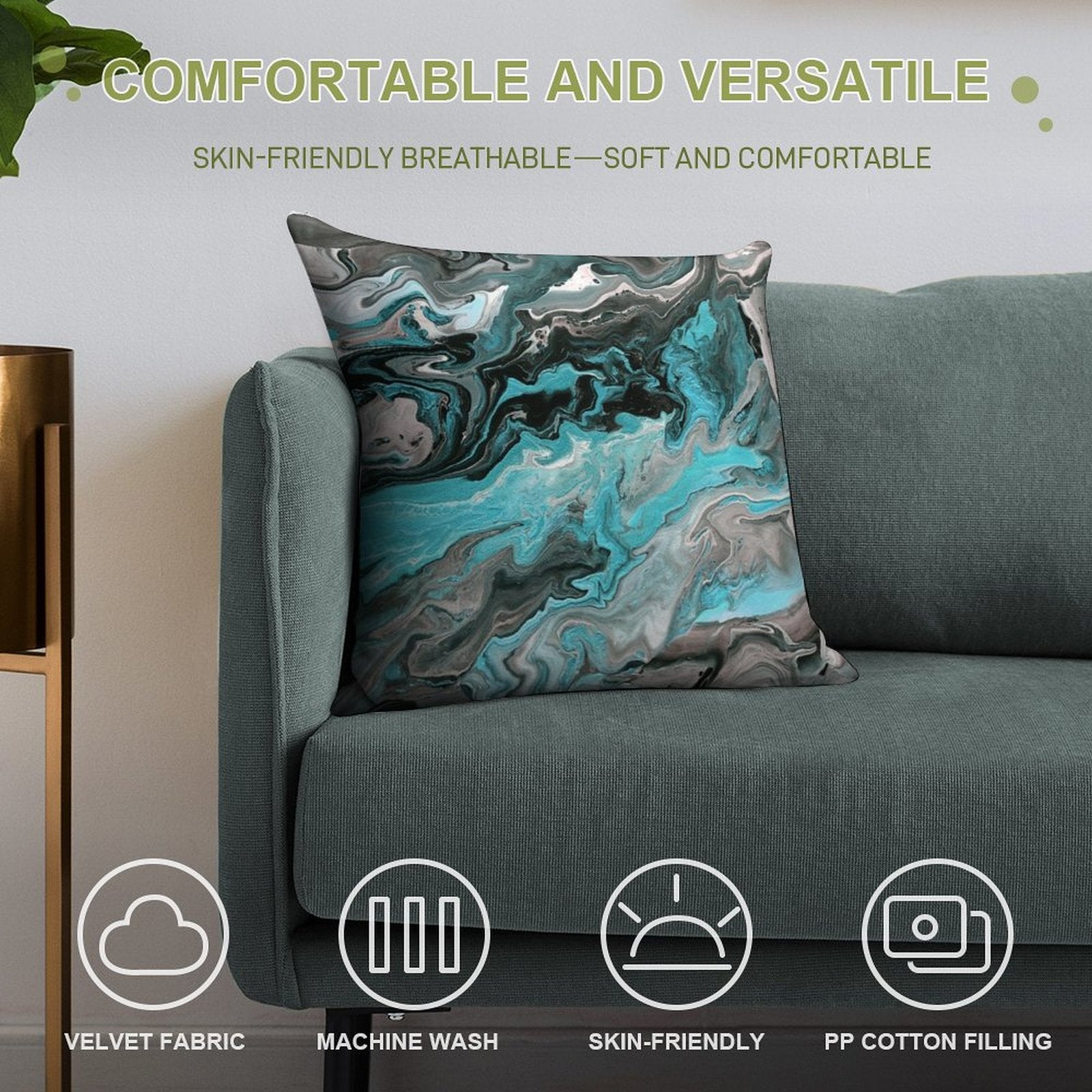 Turquoise Vein Marble Soft Fade-Resistant Throw Pillow
