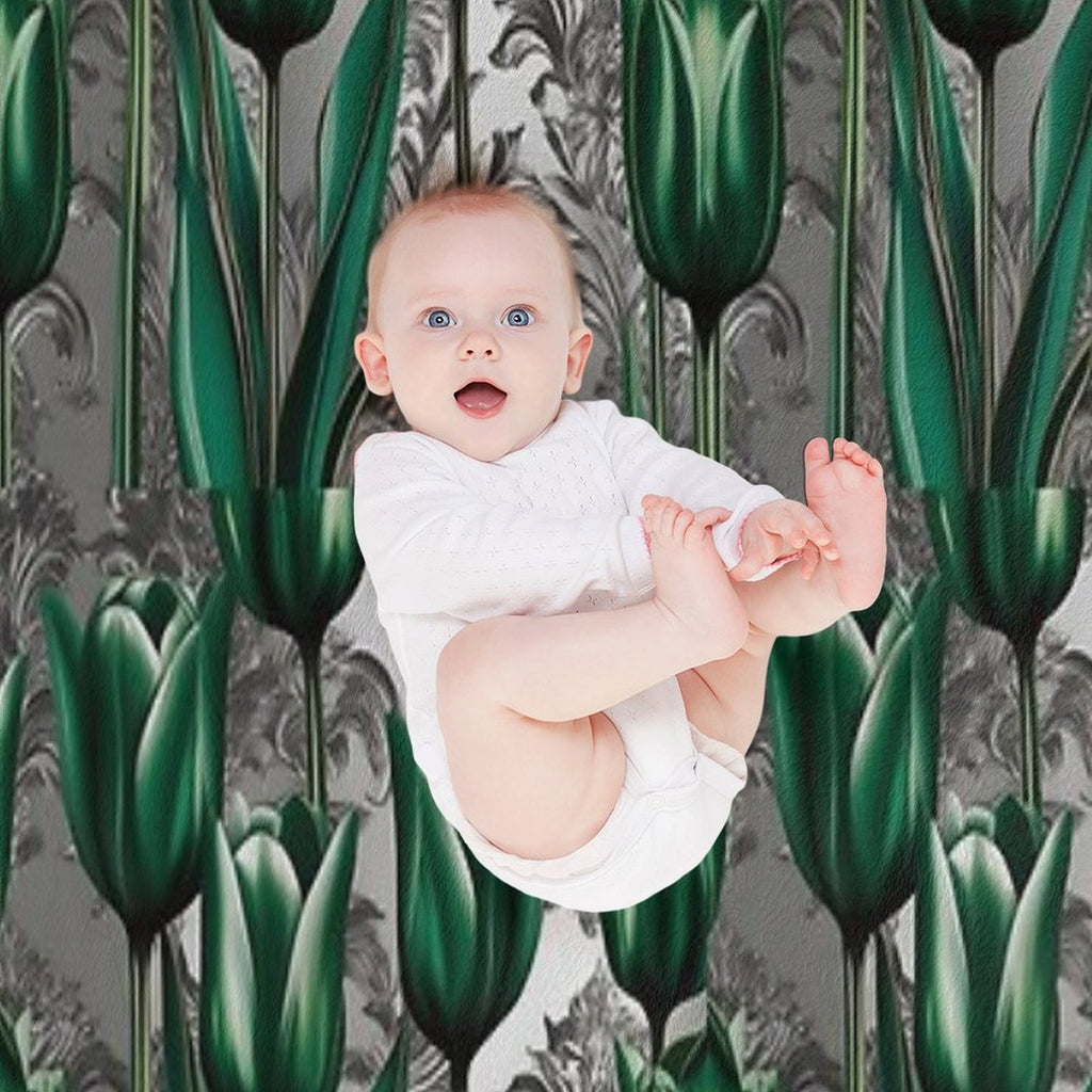 Emerald Green Tulips with Silver Baroque Compact Throw Blanket