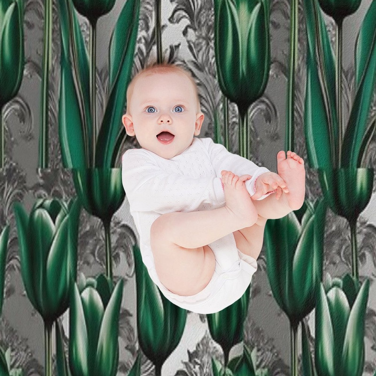Emerald Green Tulips with Silver Baroque Compact Throw Blanket