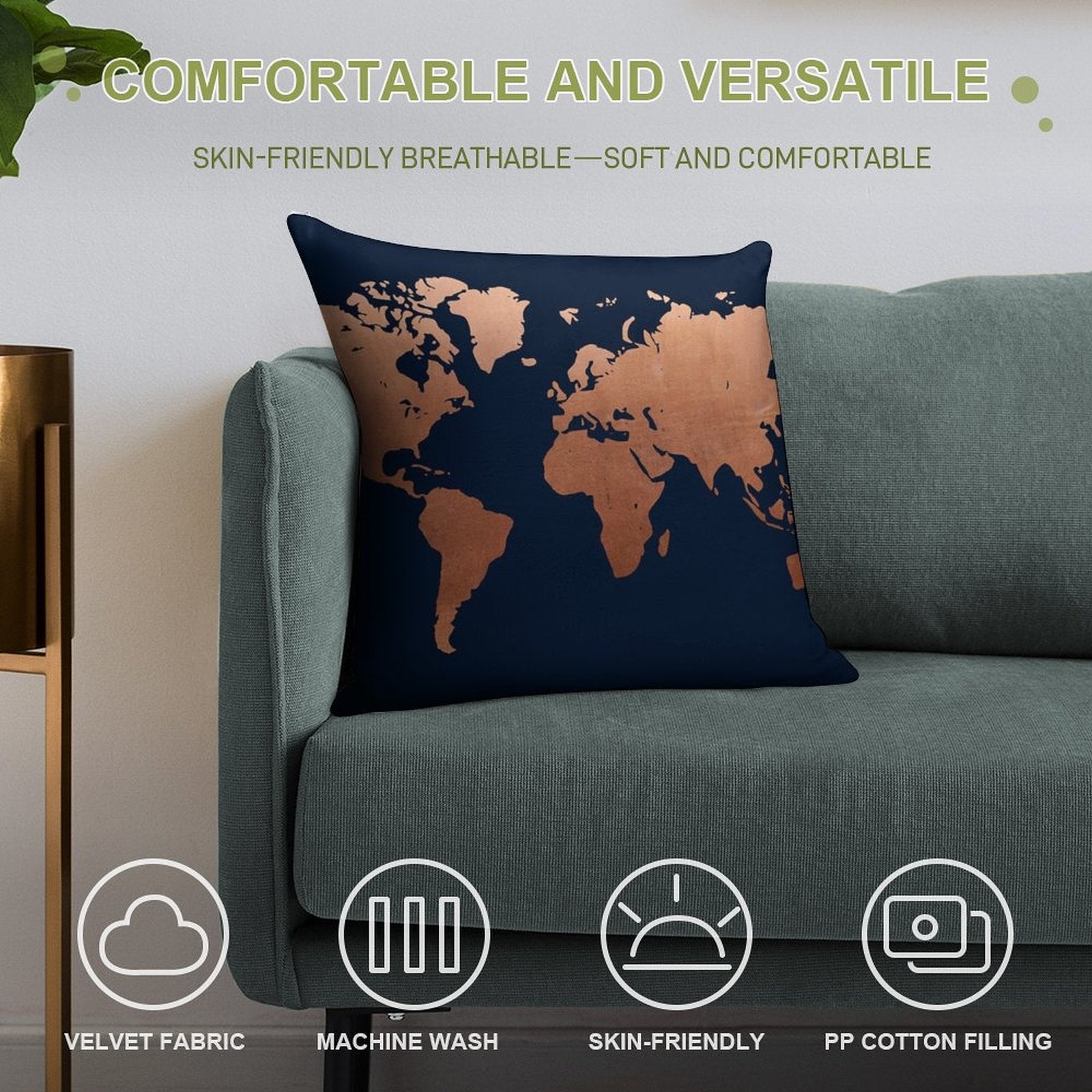 World Map - Navy Blue And Copper Soft Luxury Feel Throw Pillow