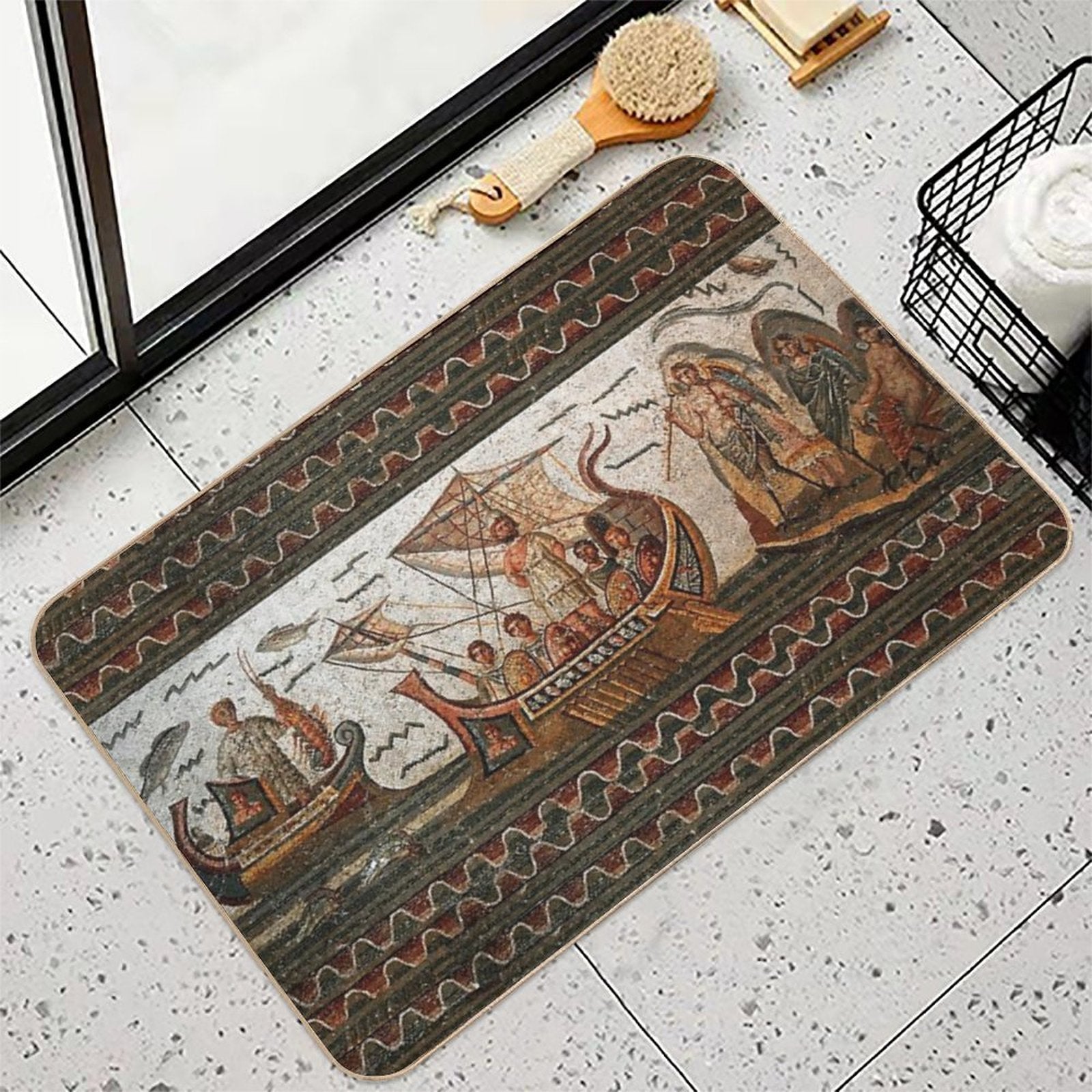 ANTIQUE ROMAN MOSAICS  Odyssey ,Ulysses Sailing with Vessel, Resistant to Sirens.,  Multi-Purpose Bath Mat