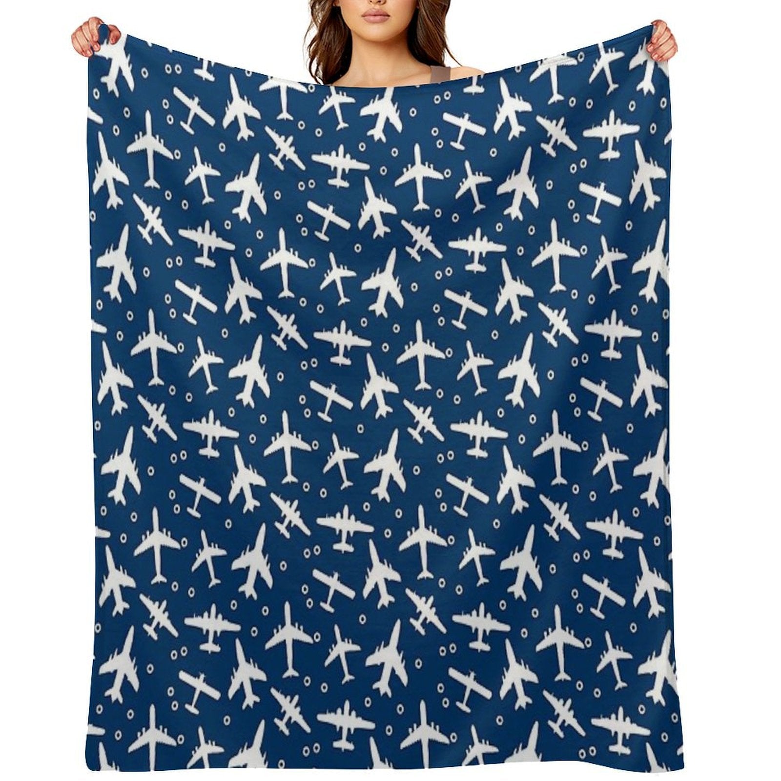 Blue And White Aeroplanes Silhouette Pattern Premium Throw Blanket