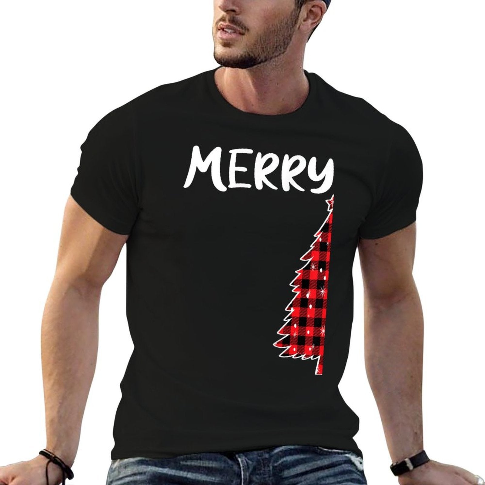 Merry Christmas Tree Buffalo Plaid Xmas Couples Matching  Graphic-printed T-Shirt