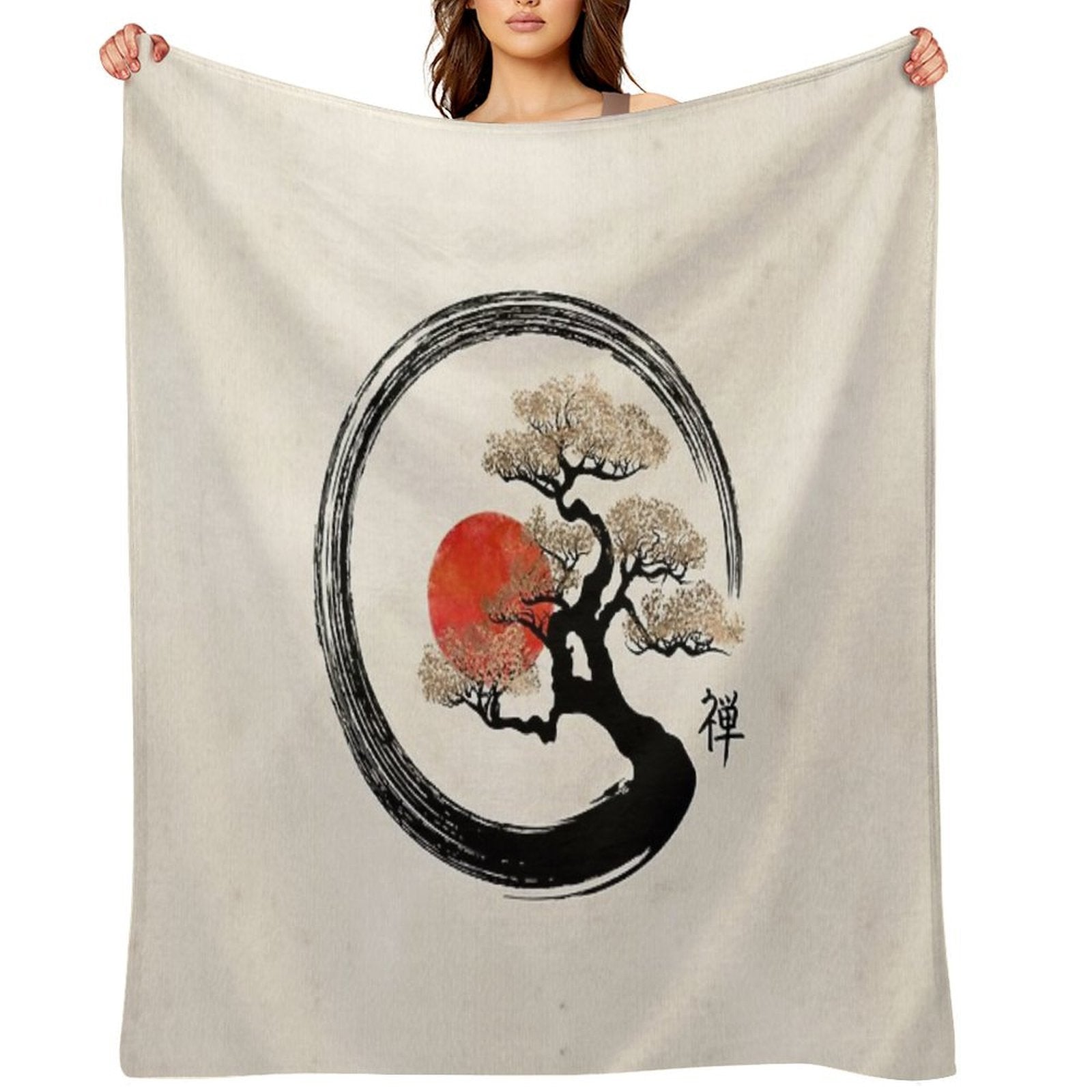 Enso Circle And Bonsai Tree on Canvas Sustainable Throw Blanket