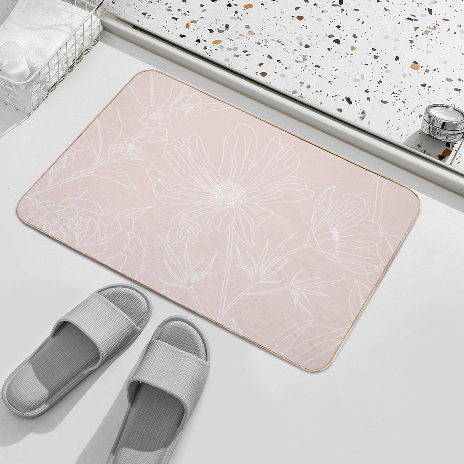 Trendy White Flowers Outlines Blush Pink Design  Dirt-Trapping Bath Mat