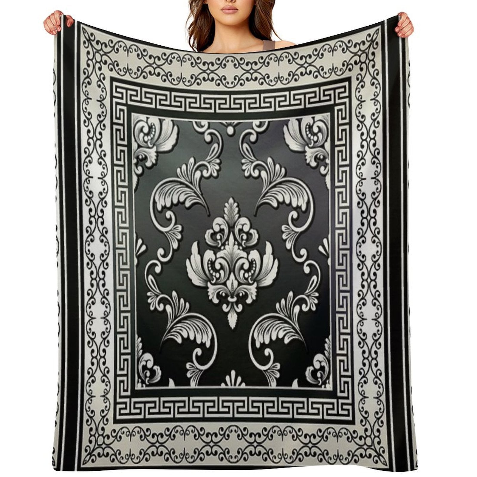 Greek Key Black And Cream Floral Pattern Travel-friendly Throw Blanket