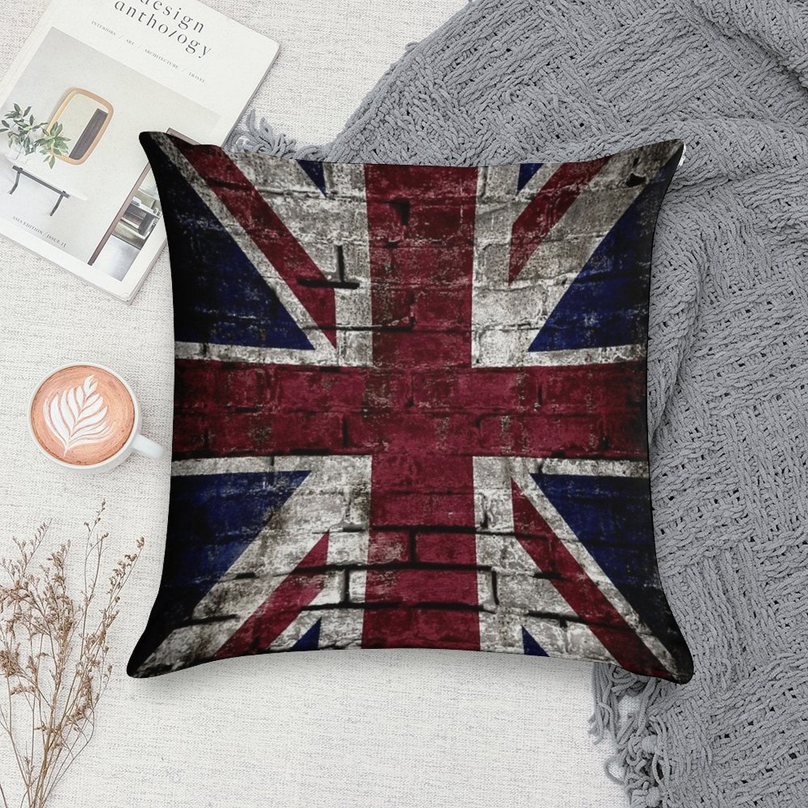 Grunge UK Flag, Great Britain, Punk Style Distressed Wall Soft Short Plush Fabric Throw Pillow