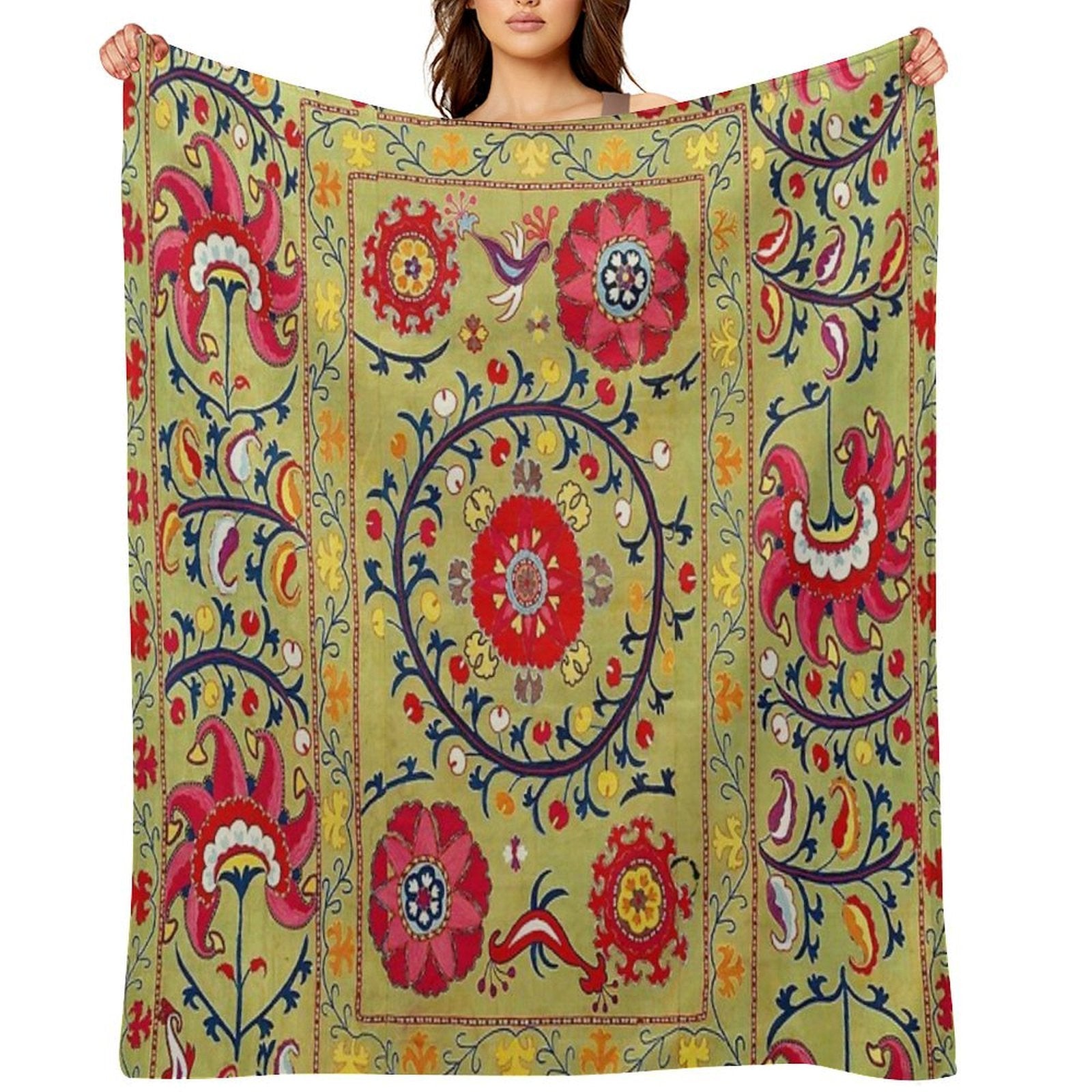 Lakai Suzani Uzbekistan Floral Embroidery Print Travel-friendly Throw Blanket