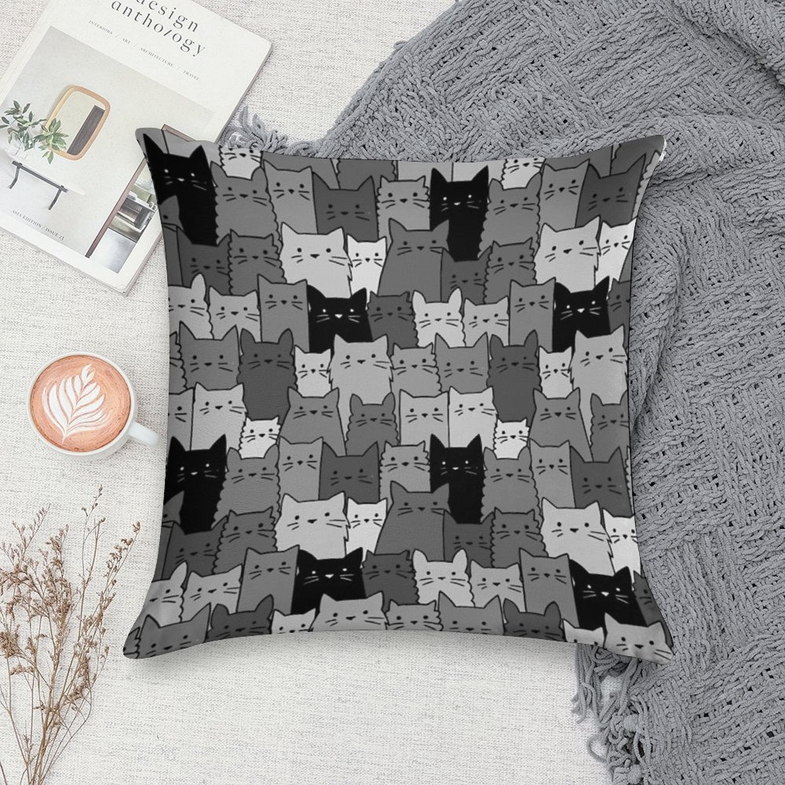 Silent Cats Monochromatic Soft Short Plush Fabric Throw Pillow