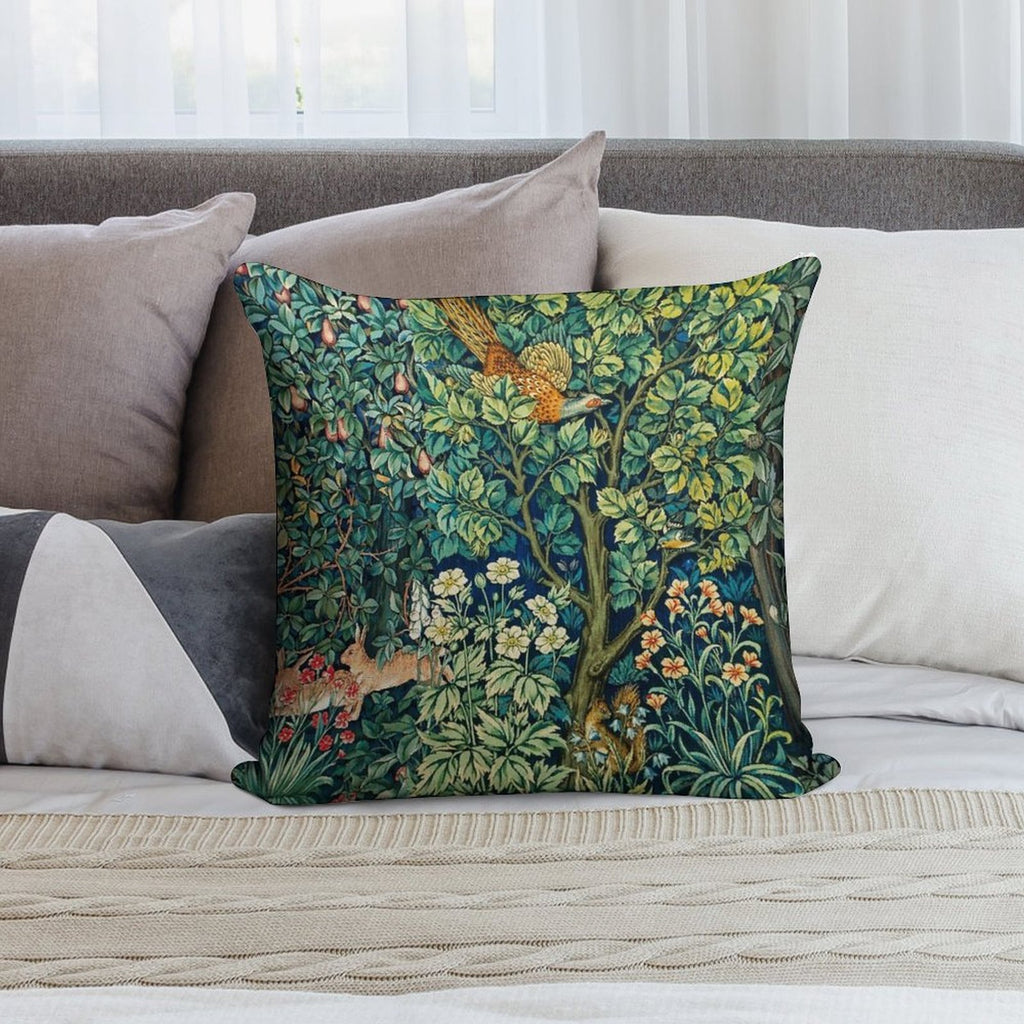 GREENERY,FOREST ANIMALS Pheasant on Tree,Squirrel,Hares,Blue Green Floral Tapestry Soft Style Accent Throw Pillow