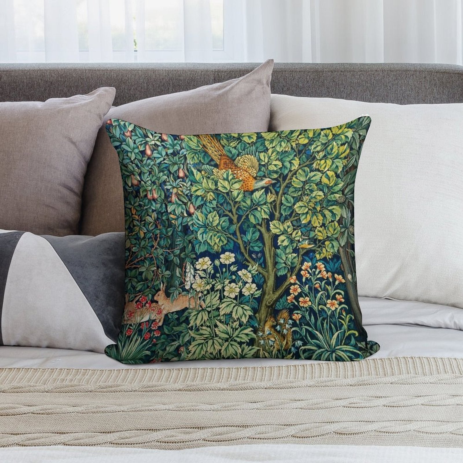 GREENERY,FOREST ANIMALS Pheasant on Tree,Squirrel,Hares,Blue Green Floral Tapestry Soft Style Accent Throw Pillow