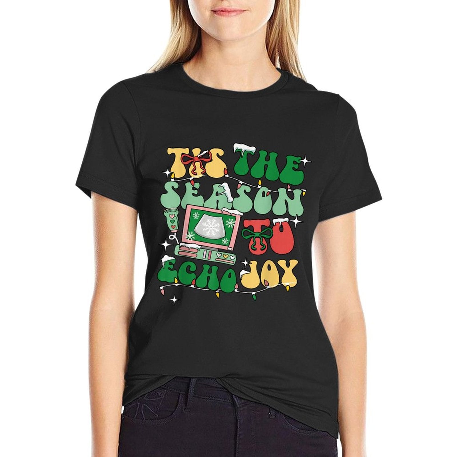 Tis The Season to Echo Joy Xmas Sonographer Ultrasound Tech  Ribbed Collar T-Shirt
