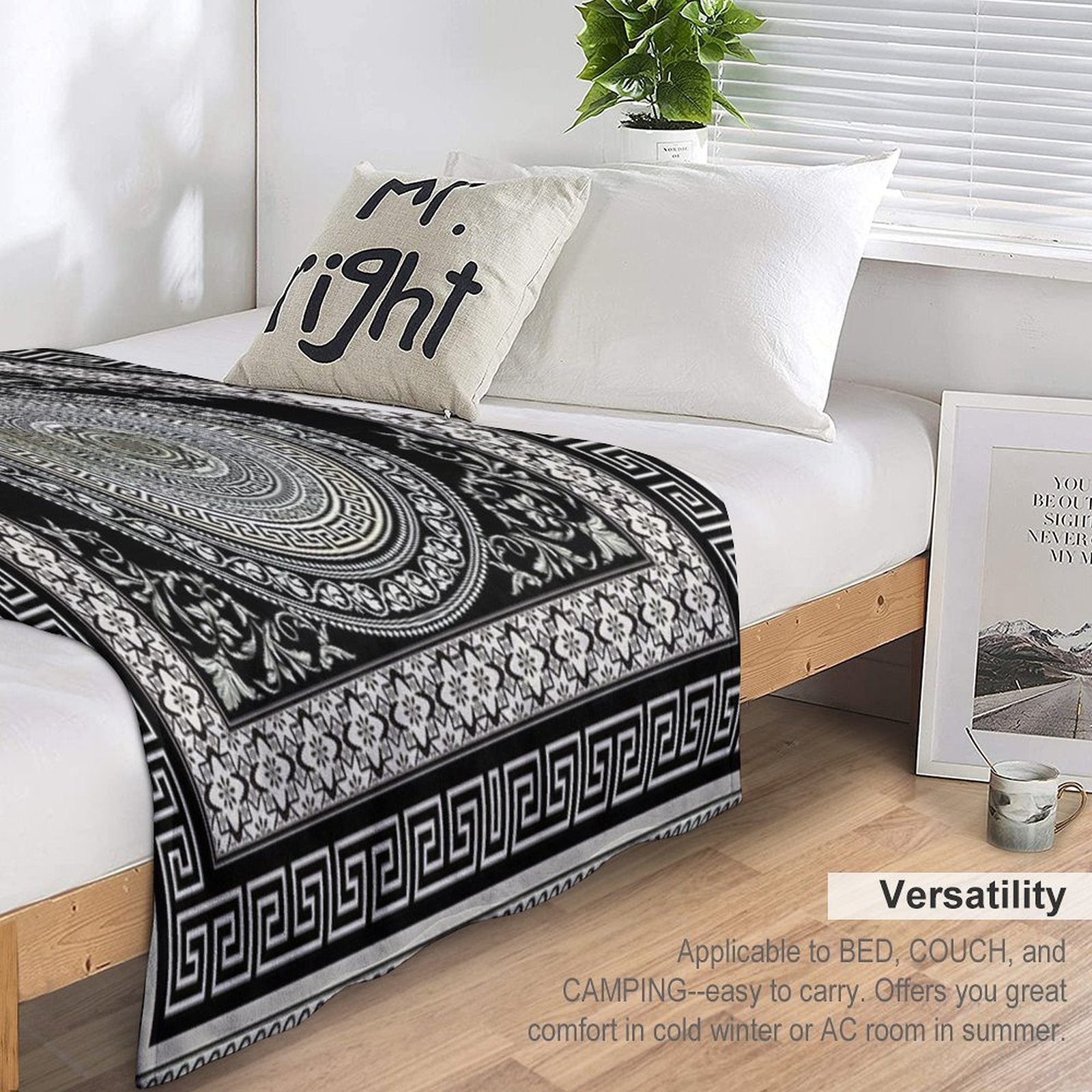 Greek Key Meander Black Cream Ornate Medallion All-season Throw Blanket