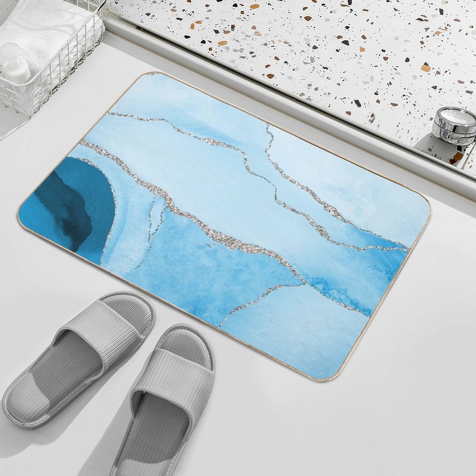 Watercolor Agate in Aqua Blue Faux Silver Veins  Easy To Clean Bath Mat
