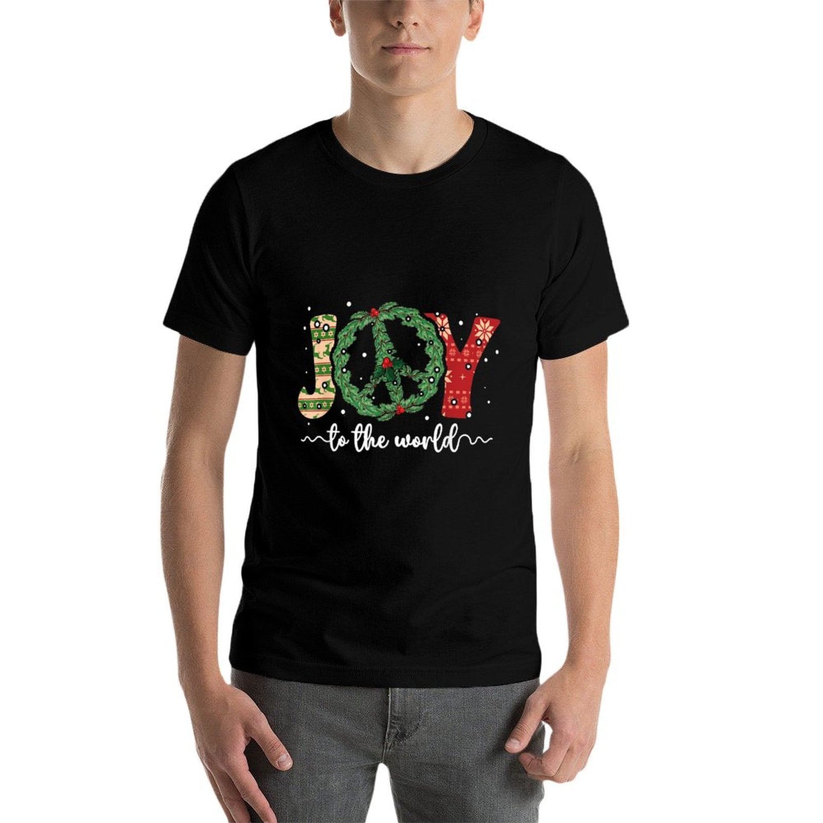 Joy to The World Peace Sign Christmas Retro 70s 80s Hippie  Cotton T-Shirt