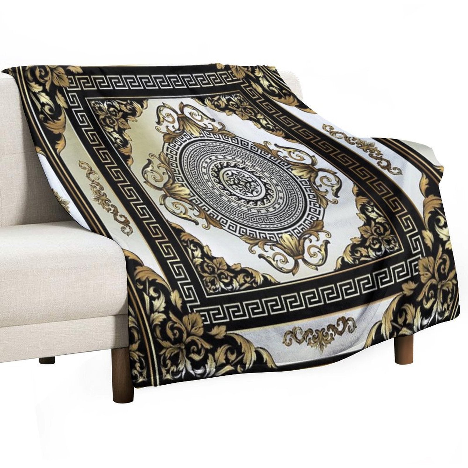 Ornate Baroque Cream Gold Black Greek Key 2 Anti-pilling Throw Blanket