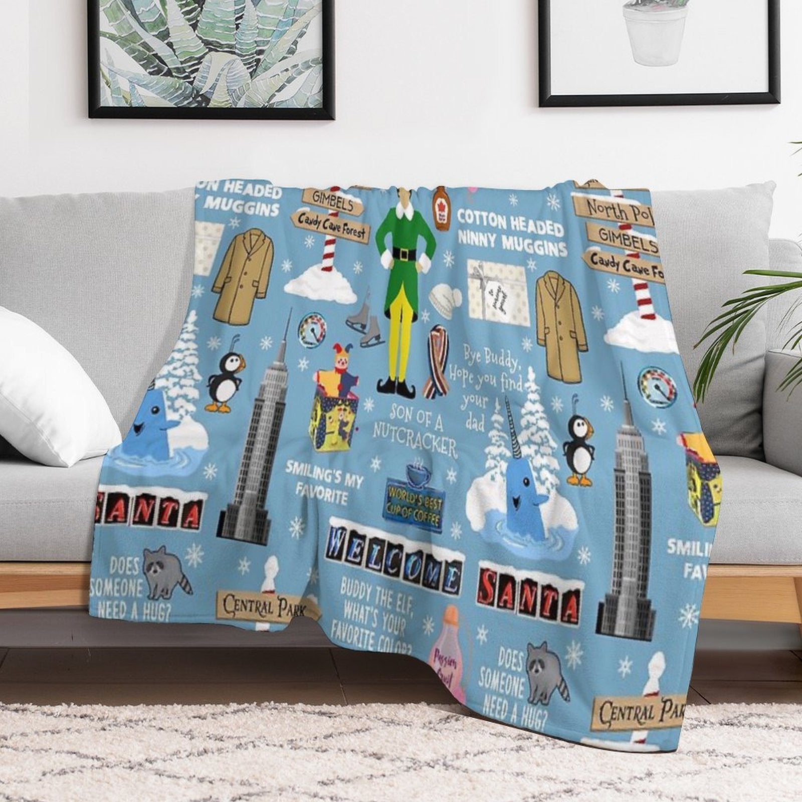 Buddy The Elf Collage, Blue Background Premium Throw Blanket
