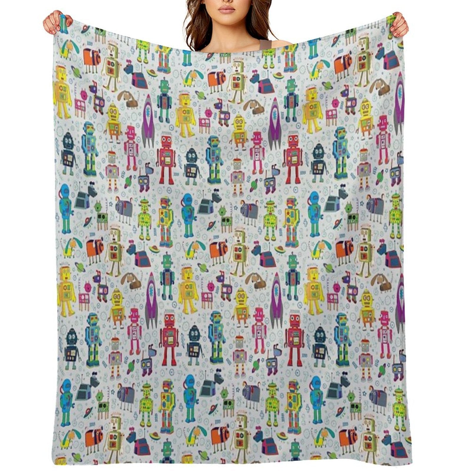 Robots in Space - Grey - Fun Robot Pattern by Cecca Designs Comfort Throw Blanket