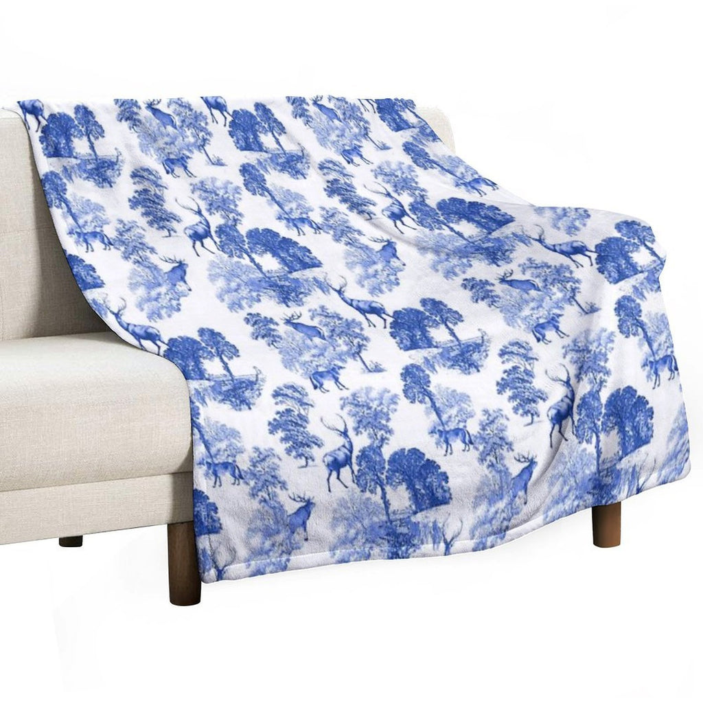 Elegant Vintage Blue Toile Deer in Woodland Quick-dry Throw Blanket