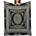 Ornate Greek Key Meander Black Cream  Medallion Comfort Throw Blanket