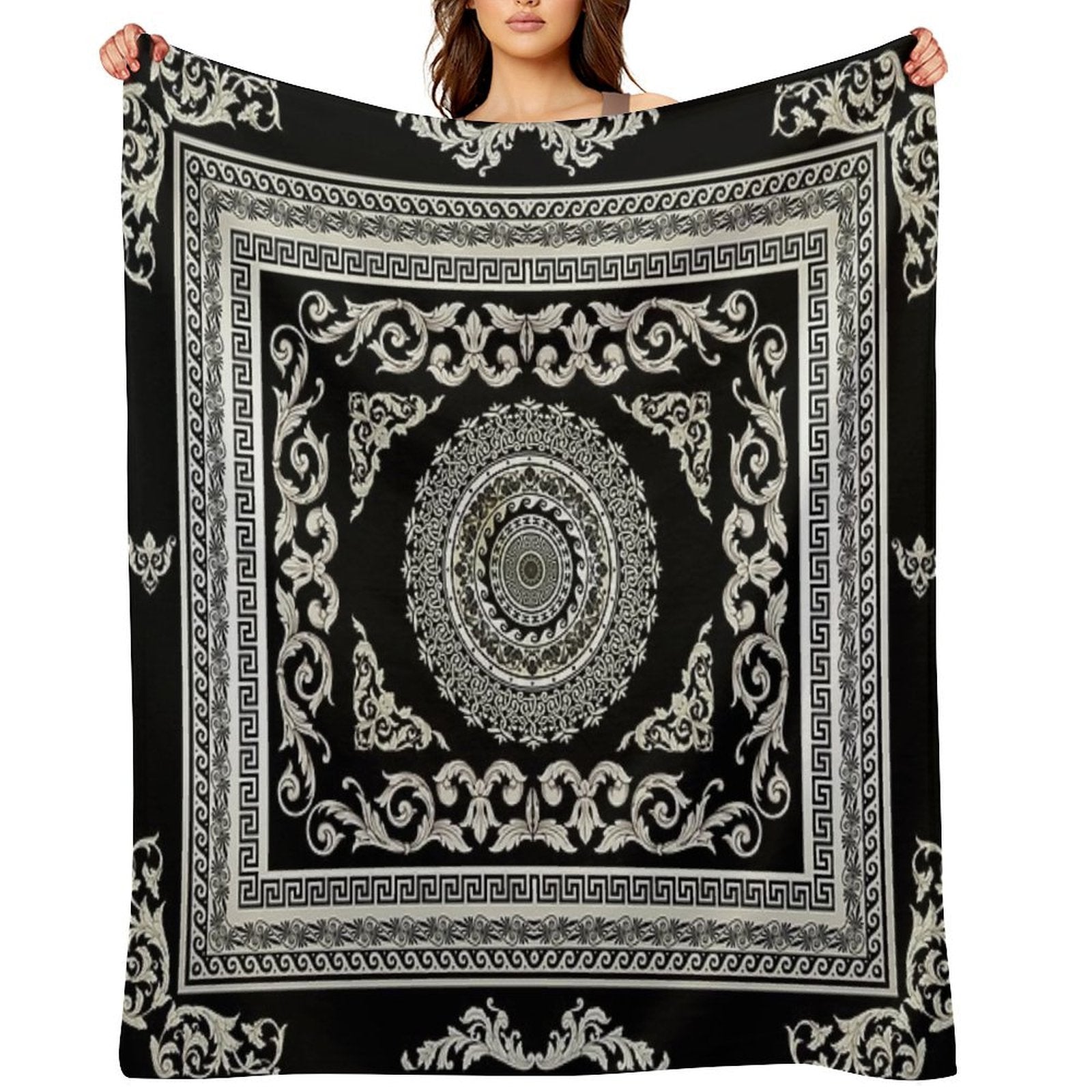 Ornate Greek Key Meander Black Cream  Medallion Comfort Throw Blanket