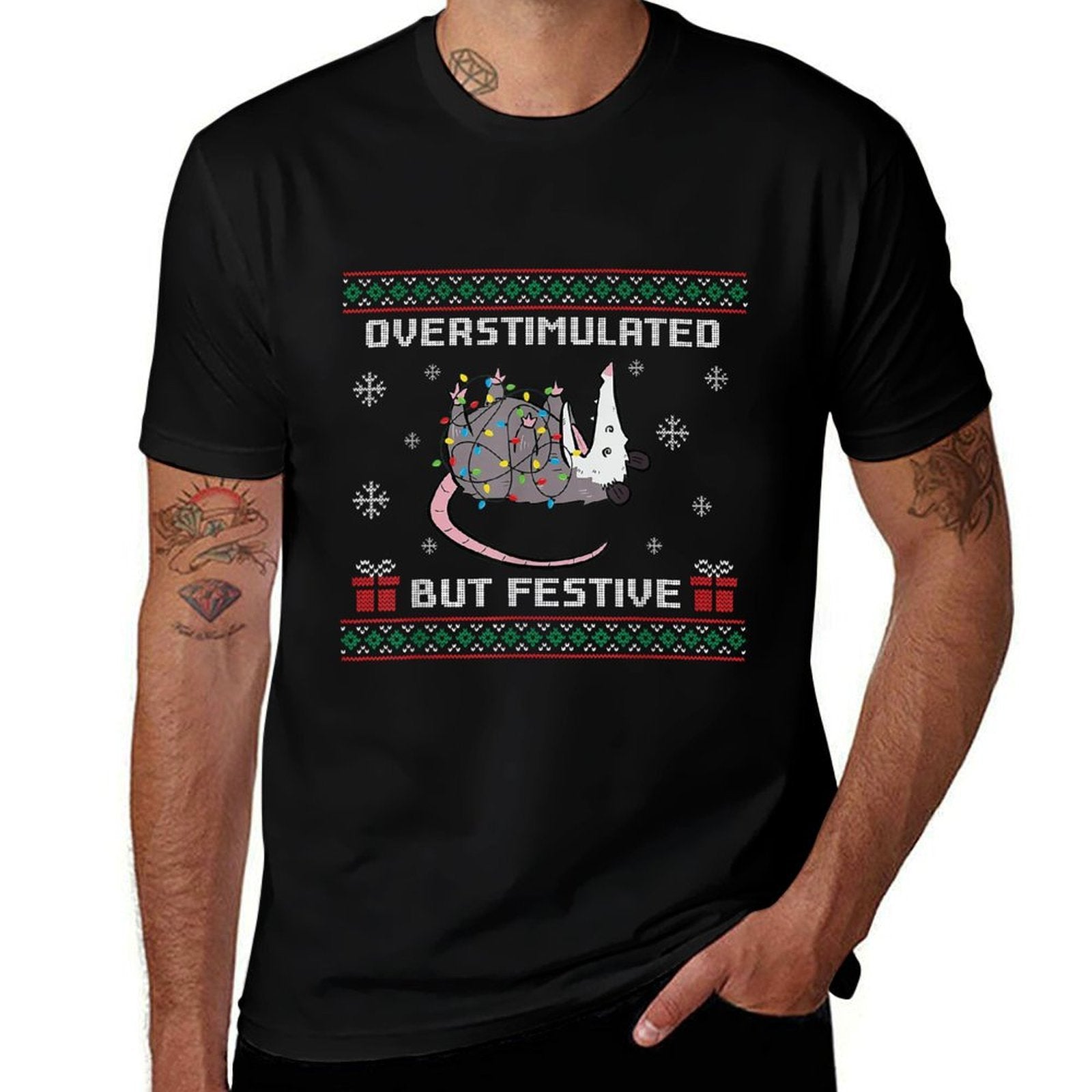 Overstimulated But Festive Possum Ugly Christmas  Heathered Texture T-Shirt