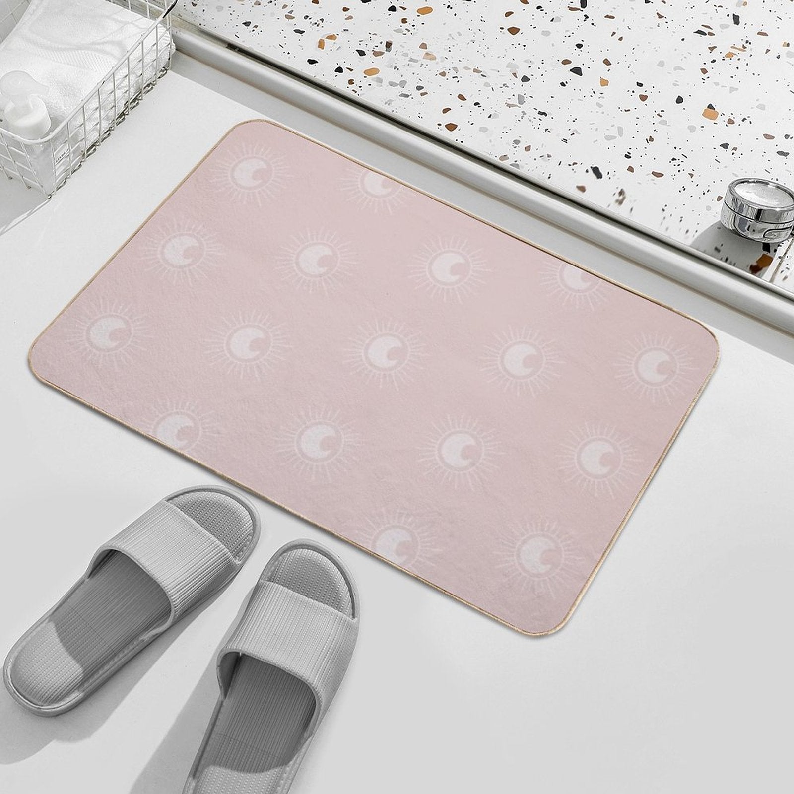 Boho Sun And Moon Pattern Bohemian Aesthetic In Muted Colors Pale Pink  Easy To Clean Bath Mat