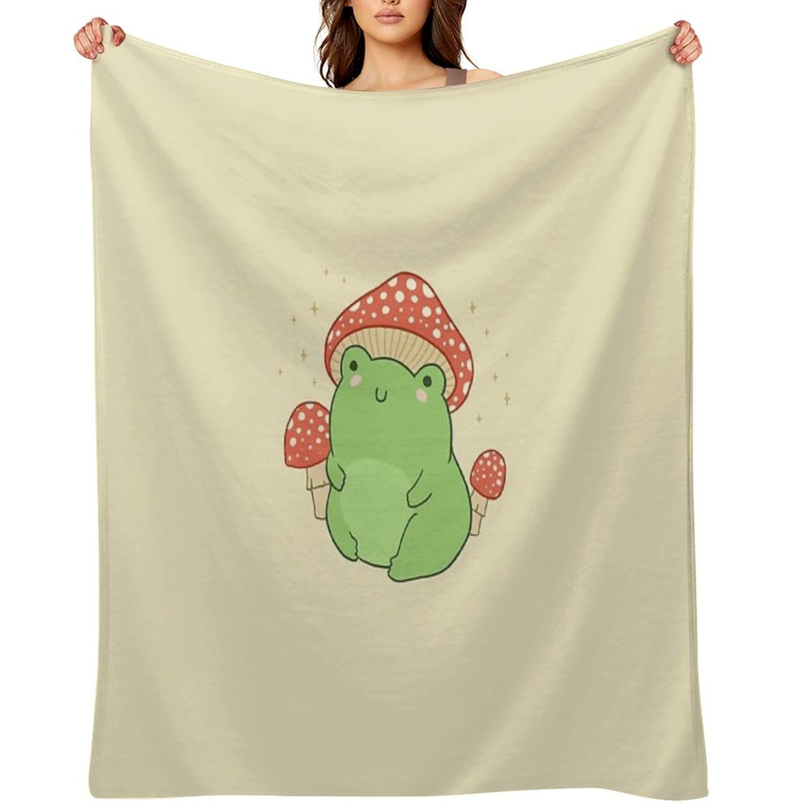 Kawaii Frog with Mushroom Hat Cottagecore Aesthetic Froggy, Chubby Toad in Forest Themed Fantasy Toadstools Plush Throw Blanket