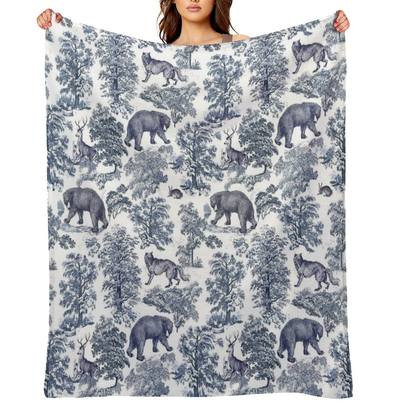 Elegant Vintage Blue Bear Forest Animals Toile Pattern Travel-friendly Throw Blanket