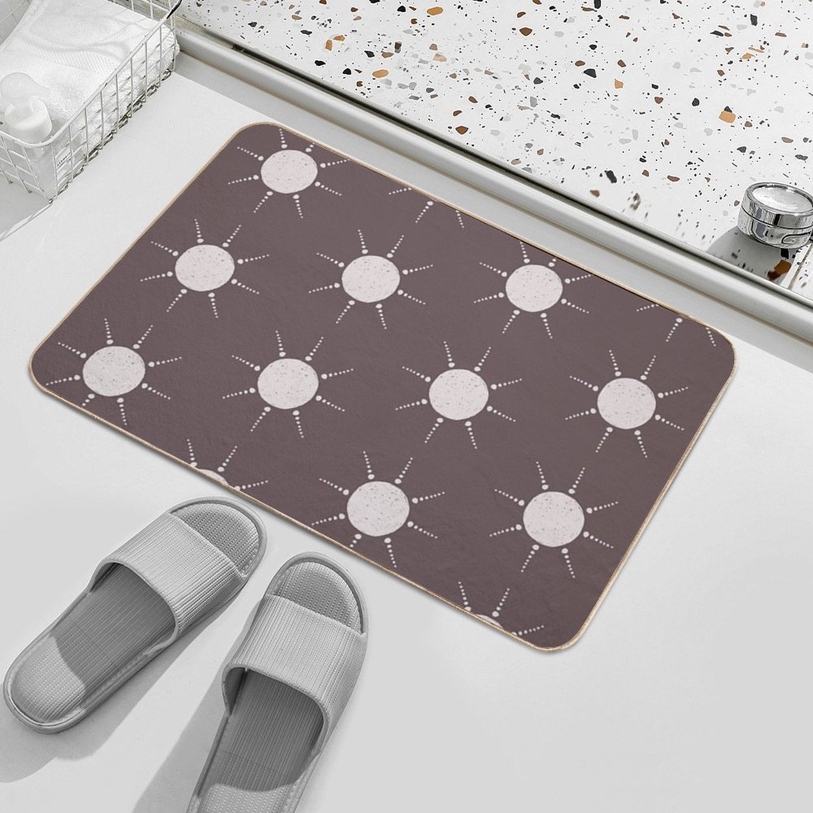 Pretty Polka Dots Sun Pattern Boho Aesthetic In Muted Colors Walnut Brown  Rapid-Drying Bath Mat