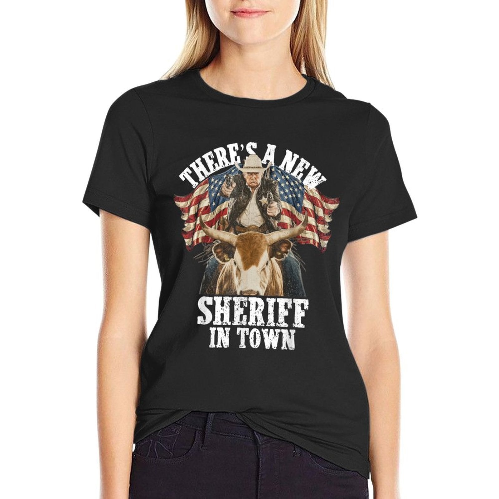 Cowboy Trump 2025 There's A New Sheriff In Town  Rolled Sleeves T-Shirt