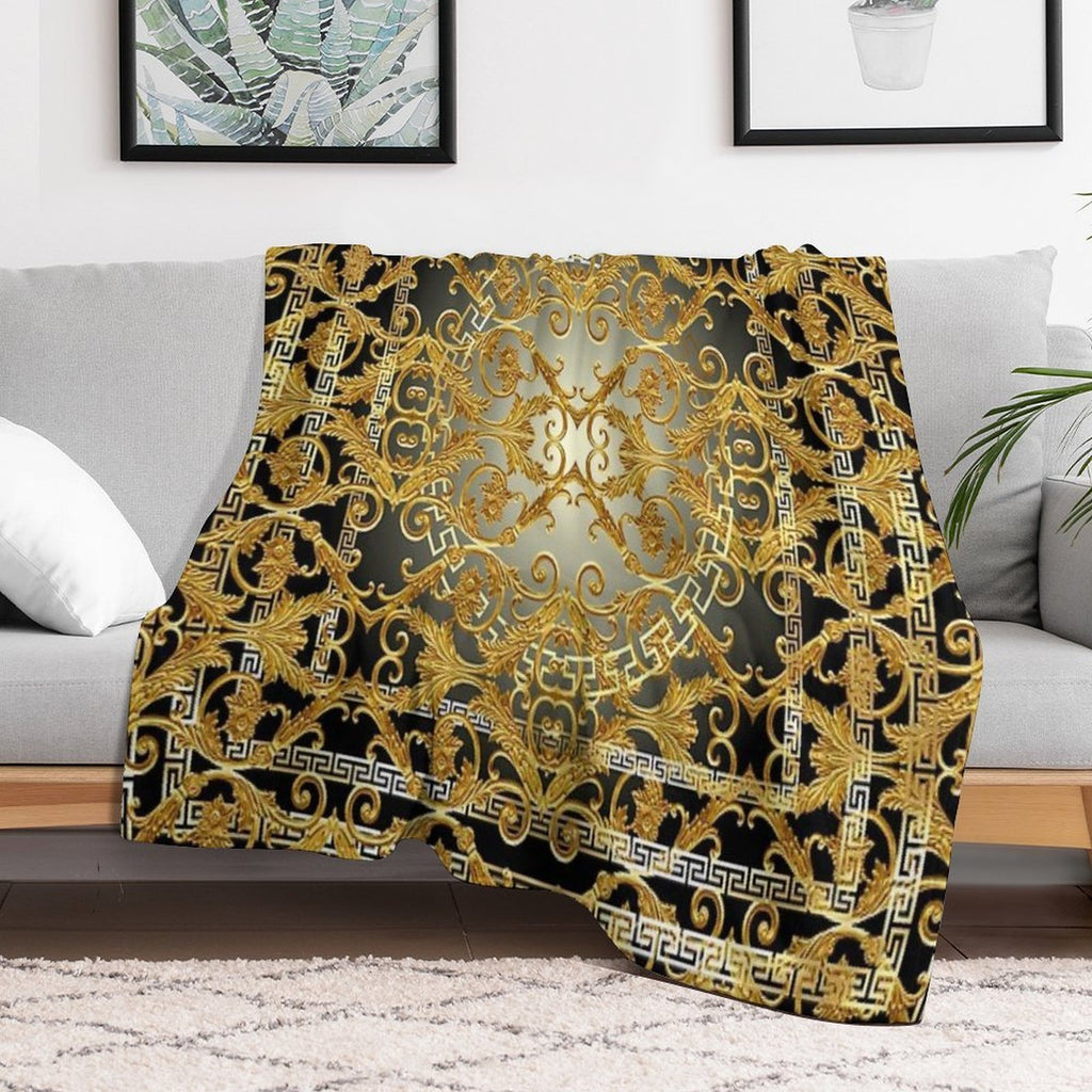 Greek Keys 4 Black Golden Baroque Style Wrinkle-free Throw Blanket