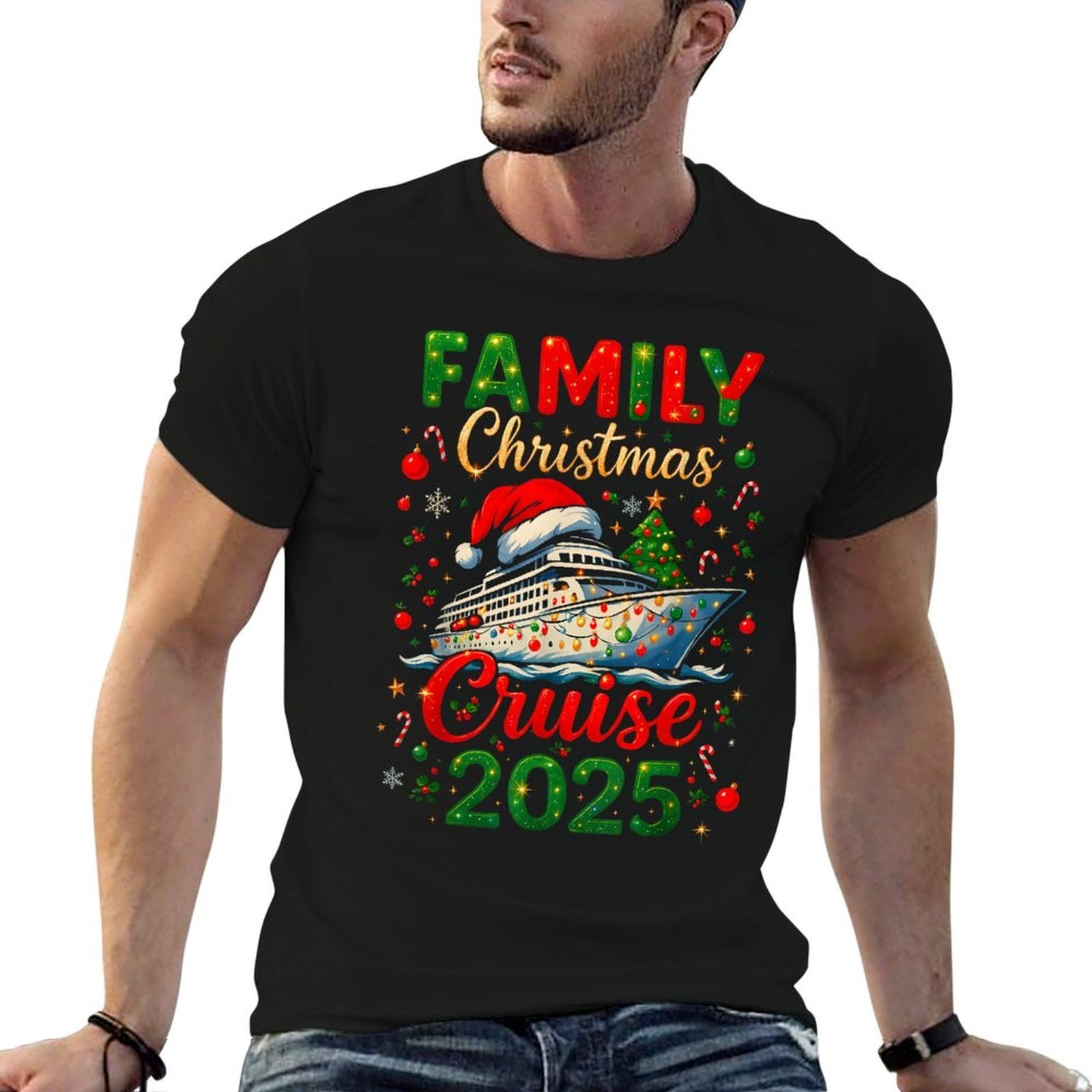 Family Christmas Cruise 2025 Matching Family Cruise Holiday  Ribbed Collar T-Shirt