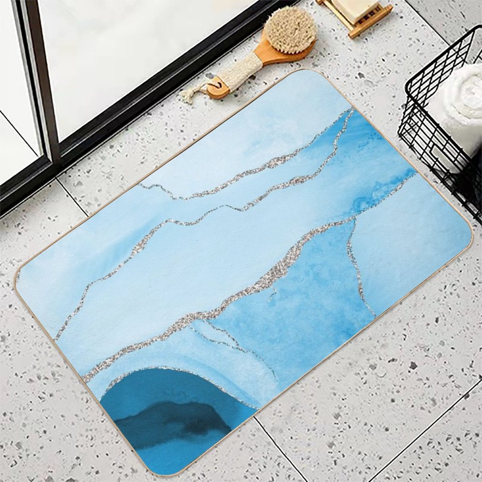 Watercolor Agate in Aqua Blue Faux Silver Veins  Easy To Clean Bath Mat