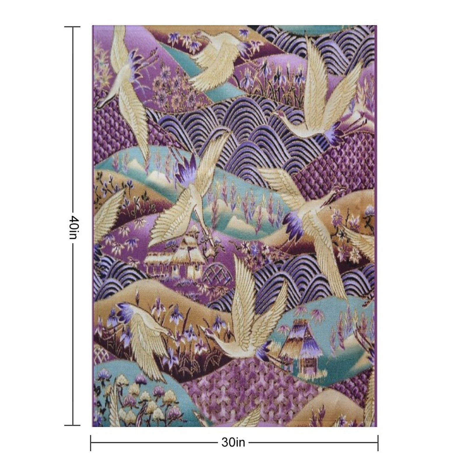 Japanese Crane Kimono Style Embroidered Pattern Eco-conscious Throw Blanket